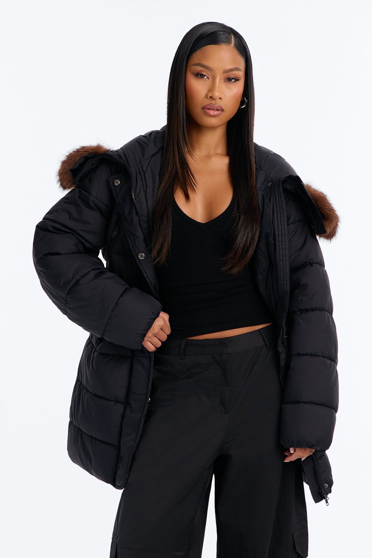 Keeping You Warm Fur Trim Hooded Puffer Coat - Black