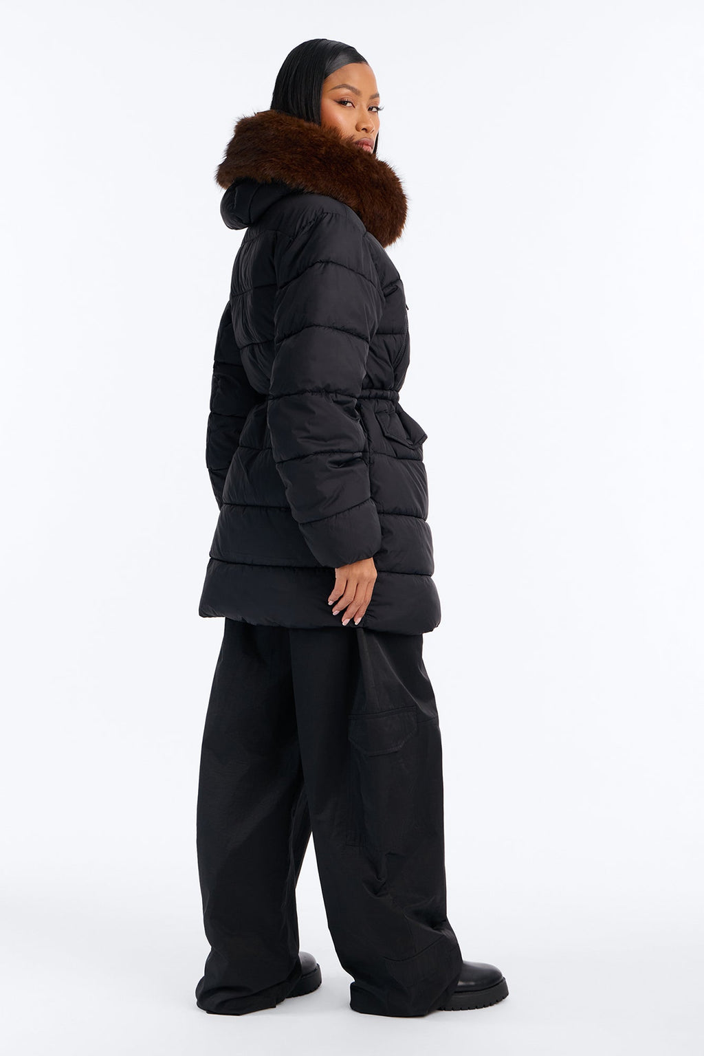 Keeping You Warm Fur Trim Hooded Puffer Coat - Black