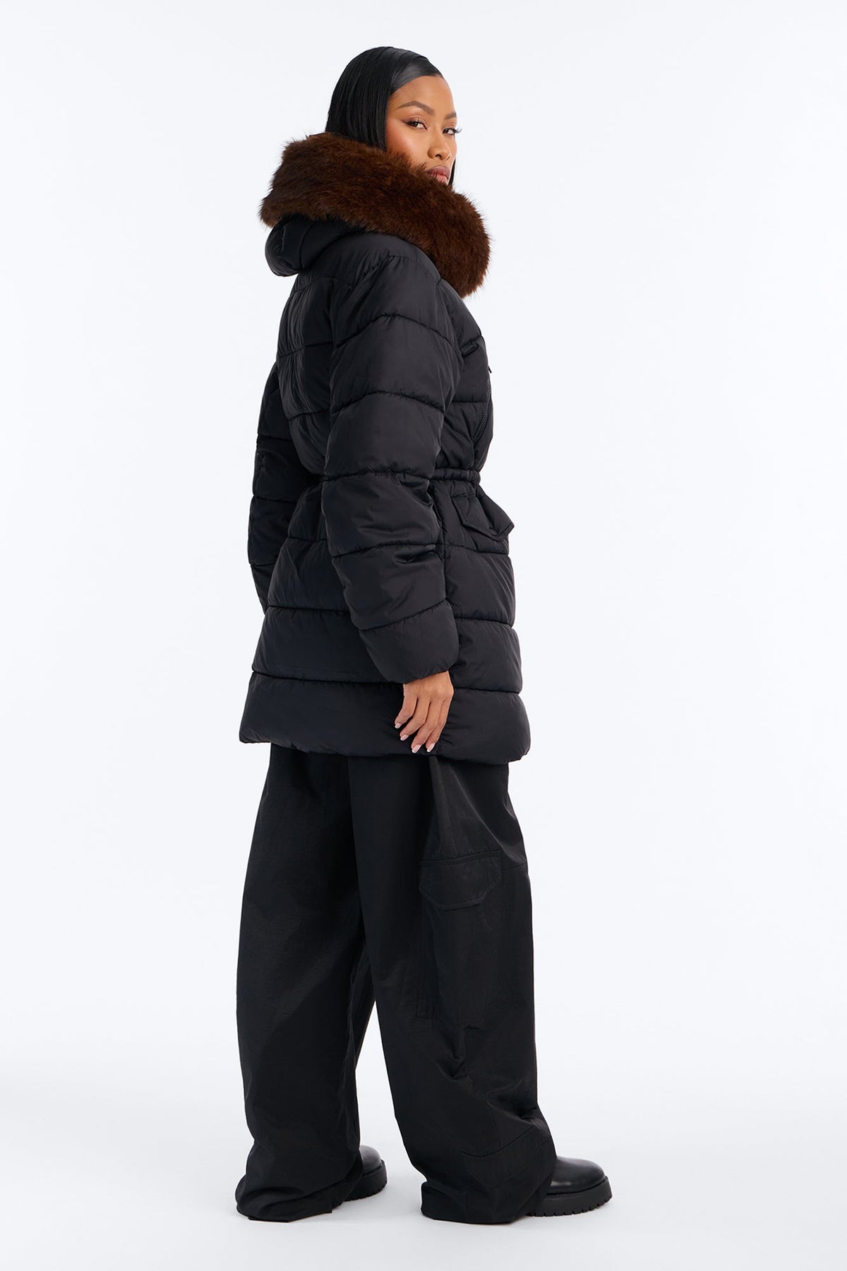 Keeping You Warm Fur Trim Hooded Puffer Coat - Black