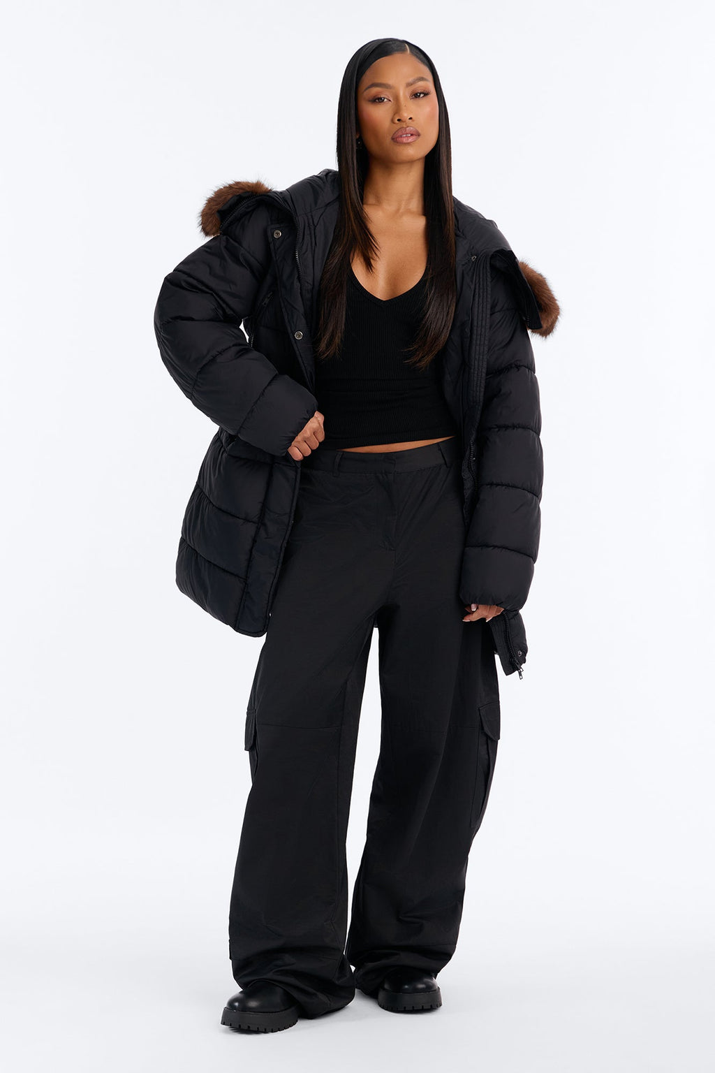 Keeping You Warm Fur Trim Hooded Puffer Coat - Black