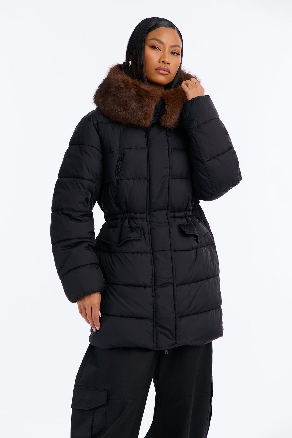Keeping You Warm Fur Trim Hooded Puffer Coat - Black