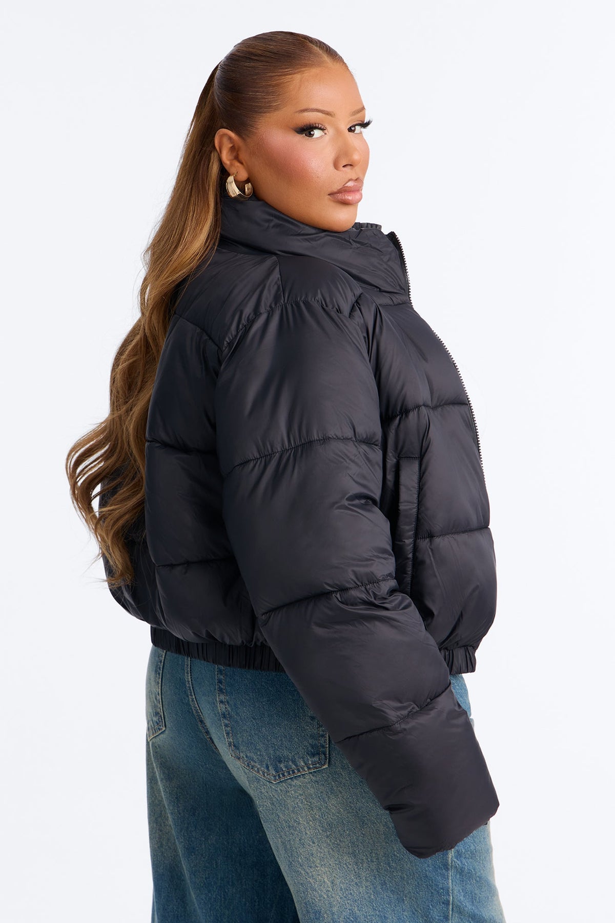 Up And About Funnel Neck Puffer Coat - Black