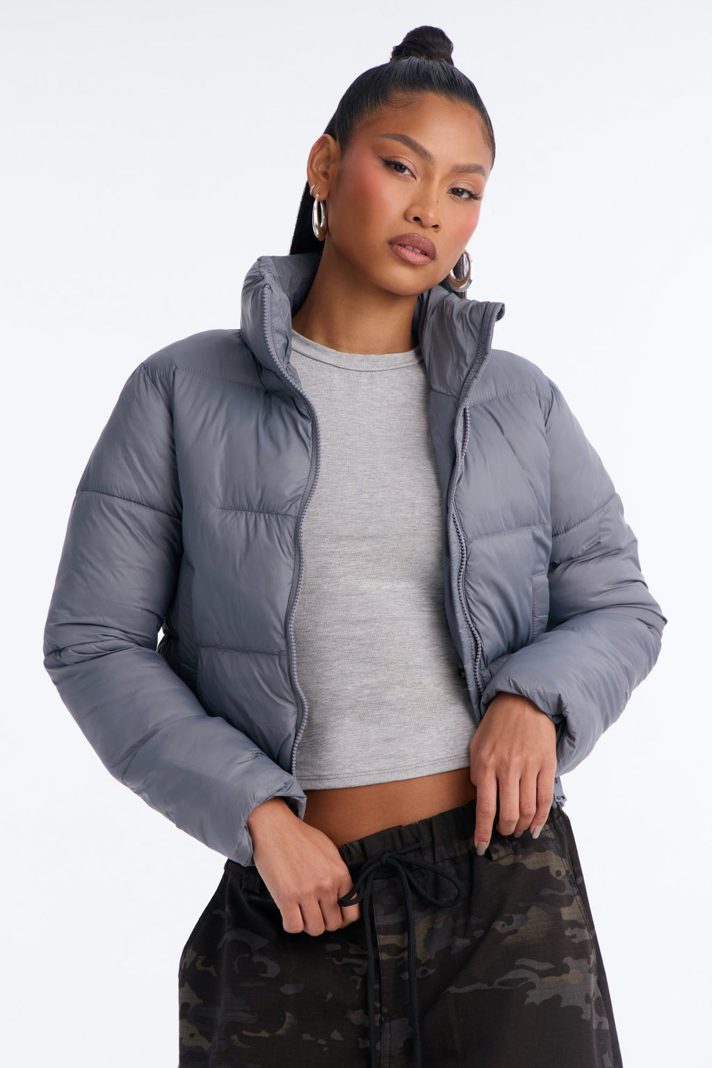 Up And About Funnel Neck Puffer Coat - Charcoal