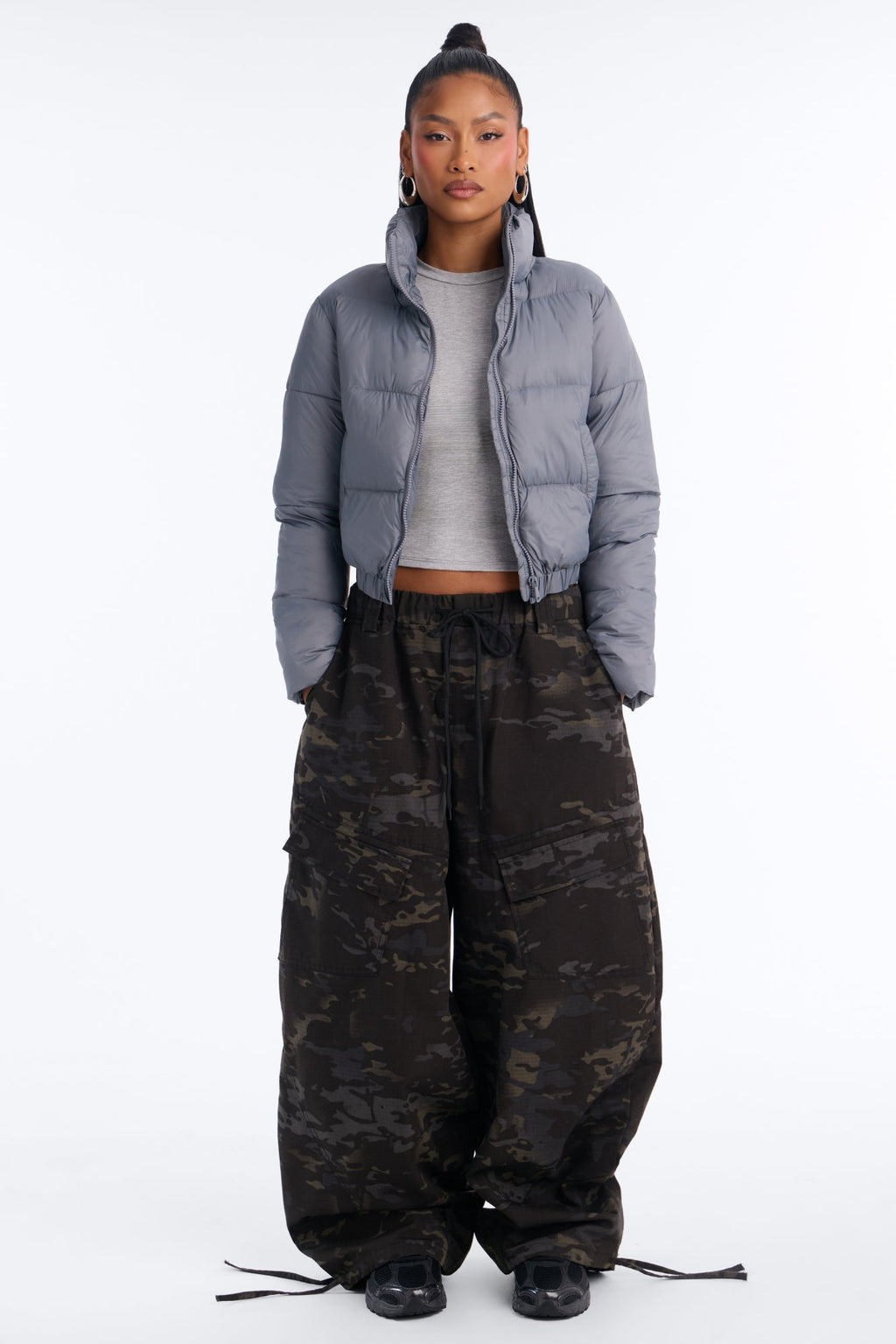 Up And About Funnel Neck Puffer Coat - Charcoal