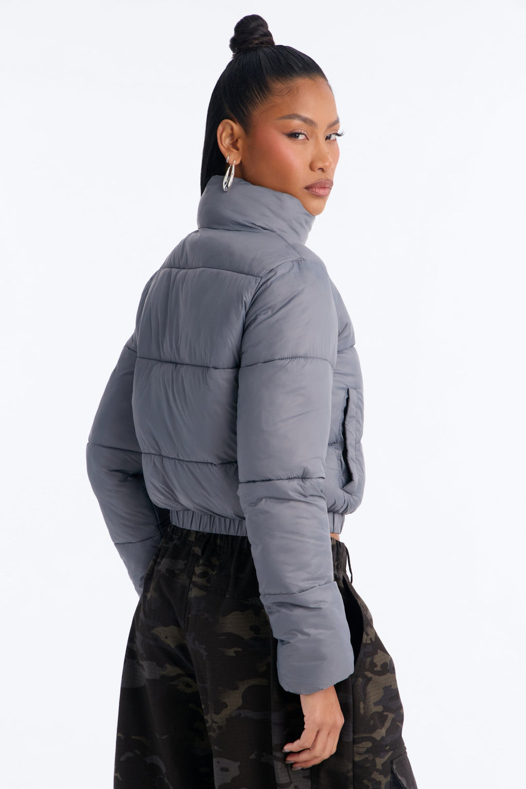 Up And About Funnel Neck Puffer Coat - Charcoal