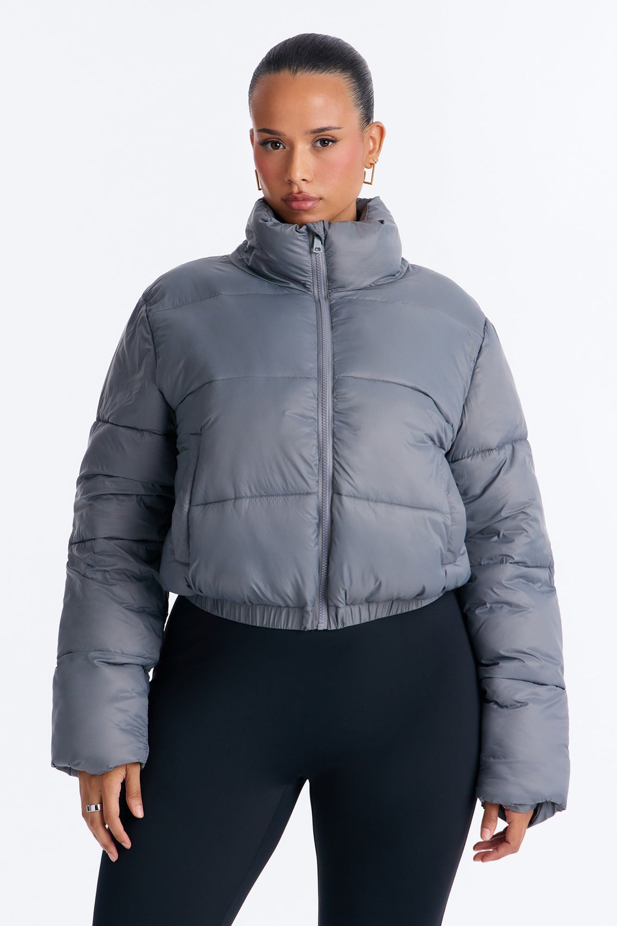 Up And About Funnel Neck Puffer Coat - Charcoal