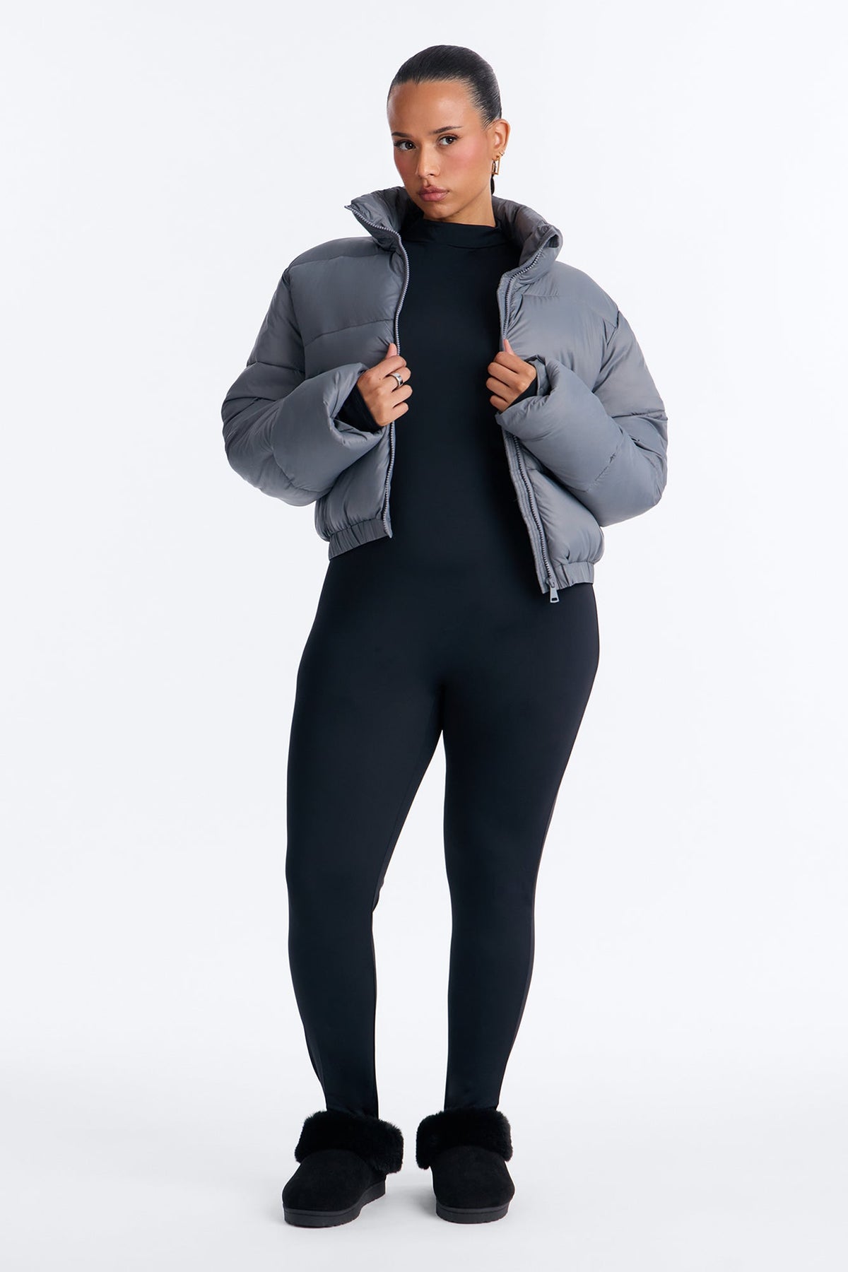 Up And About Funnel Neck Puffer Coat - Charcoal