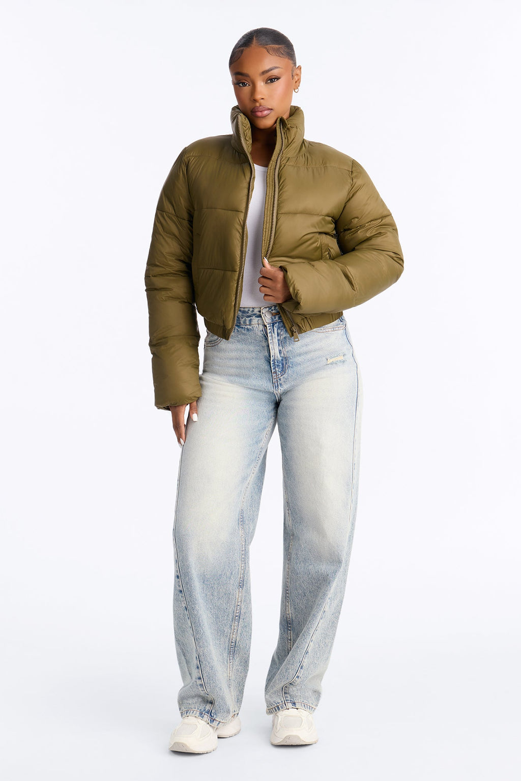 Up And About Funnel Neck Puffer Coat - Olive