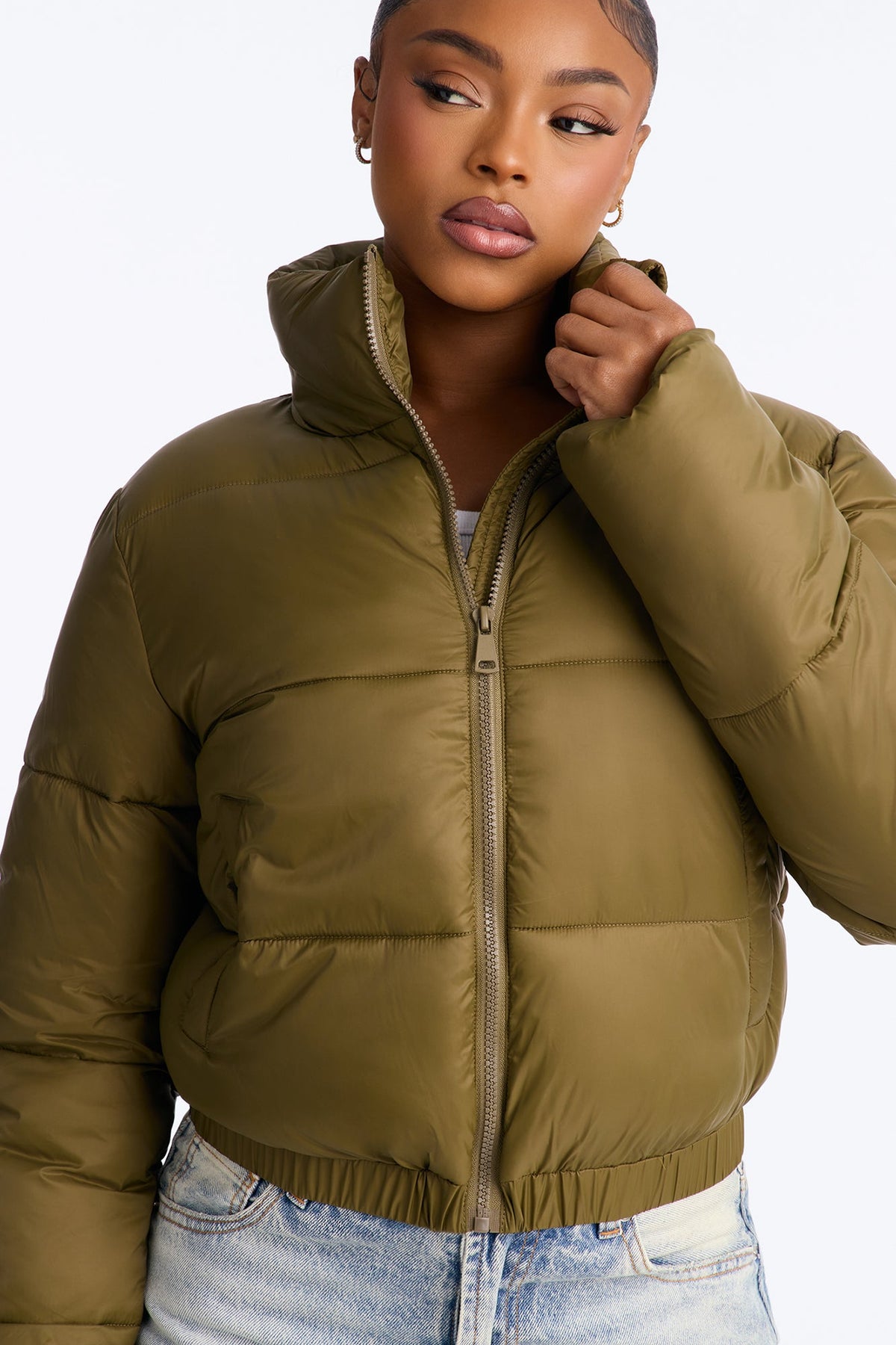 Up And About Funnel Neck Puffer Coat - Olive