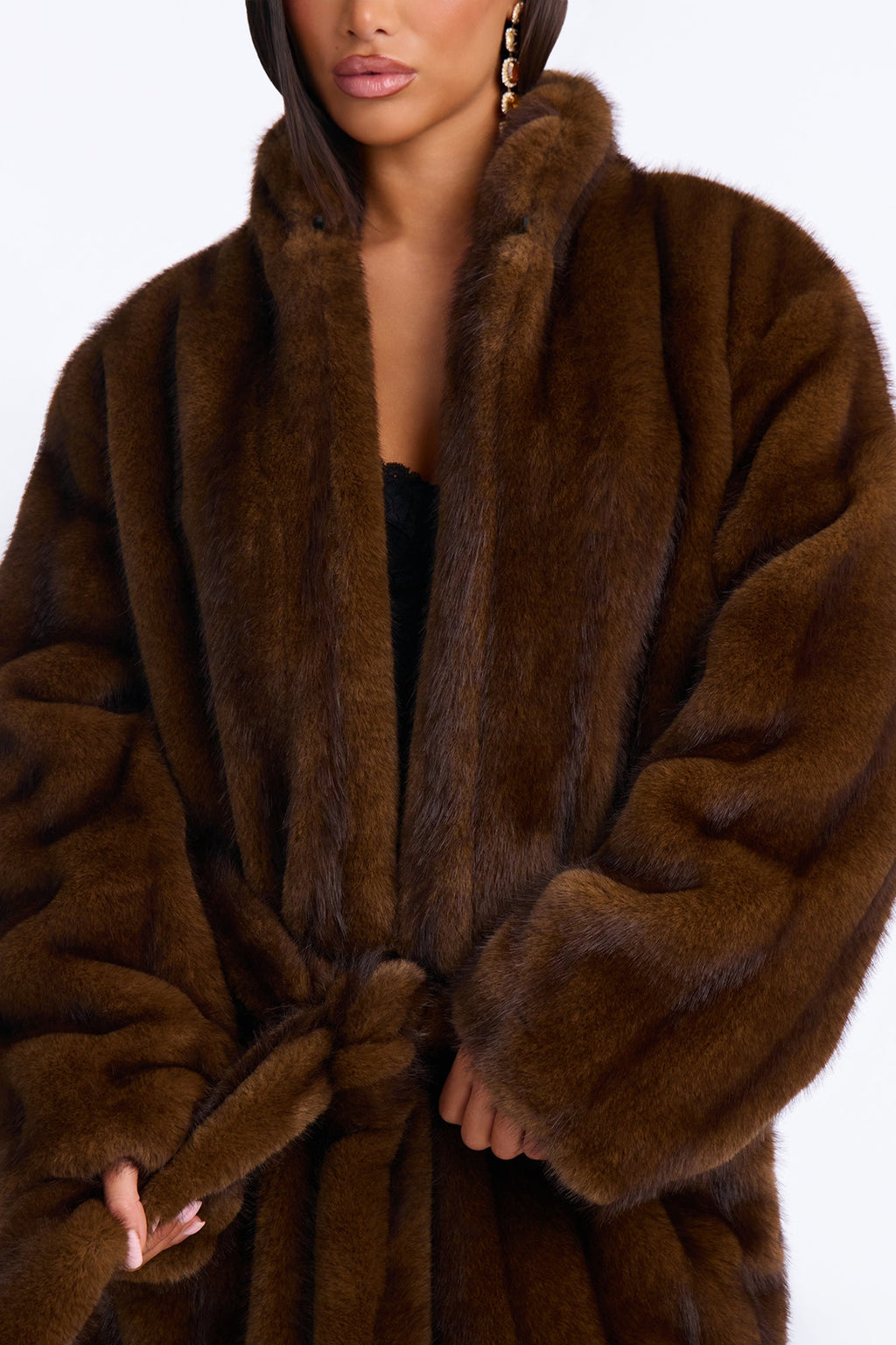 Keeping Cozy Two Tone Faux Fur Coat - Brown