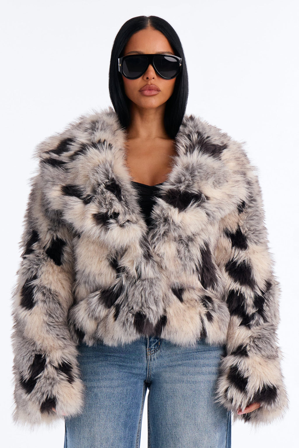 Late Nights Faux Fur Animal Coat - Grey/combo