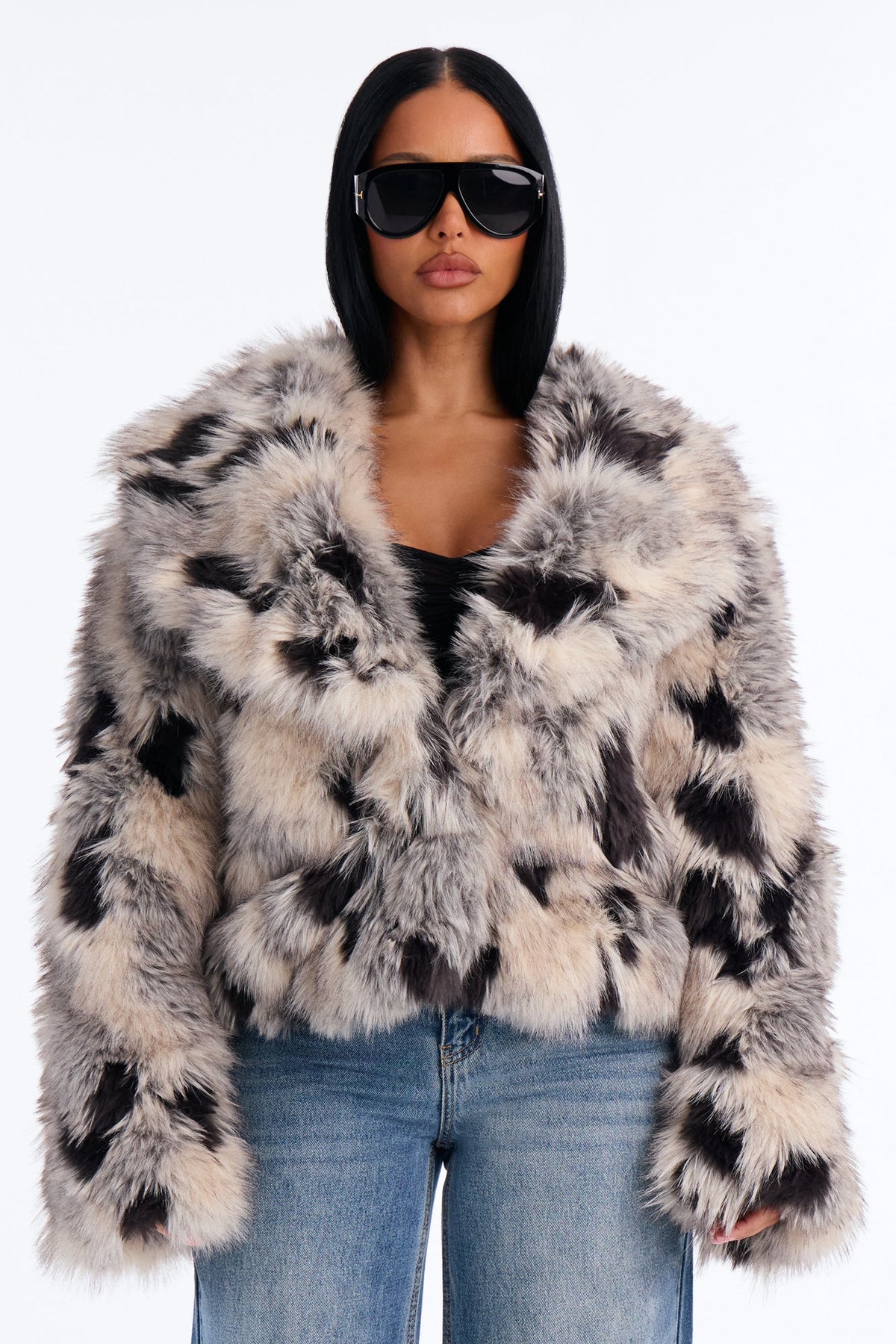 Late Nights Faux Fur Animal Coat - Grey/combo