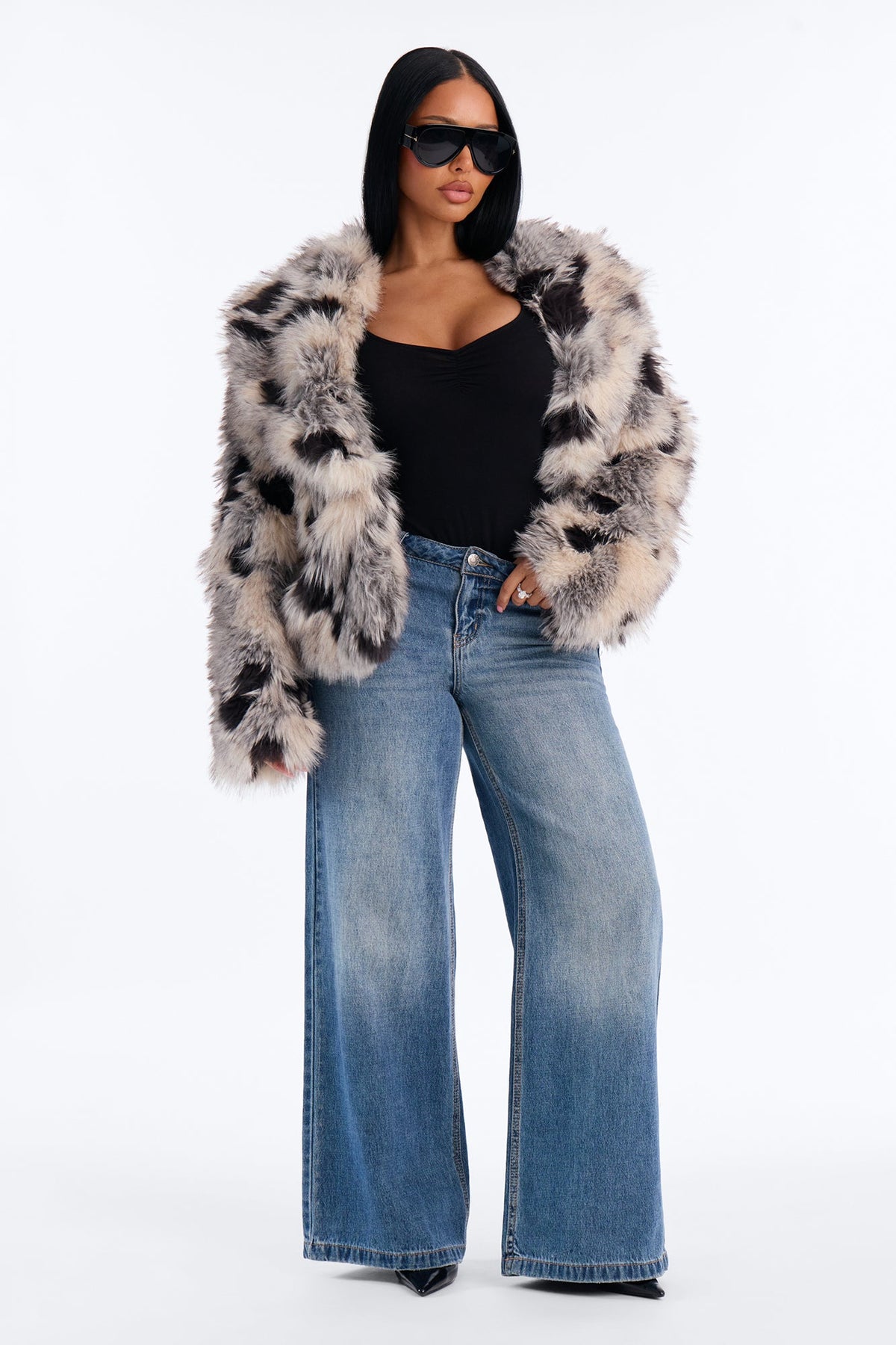 Late Nights Faux Fur Animal Coat - Grey/combo