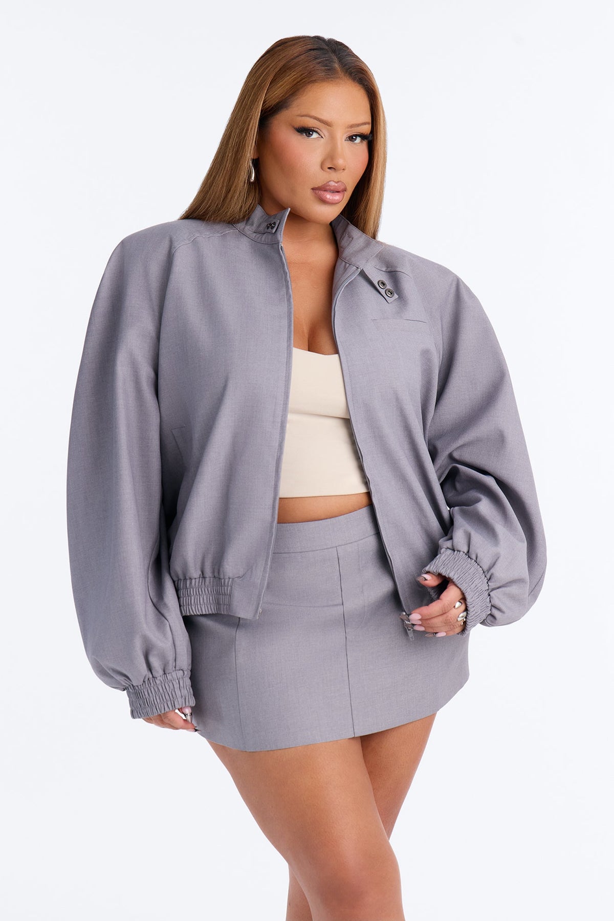 Sunday Stroll Strong Shoulder Bomber Jacket - Charcoal