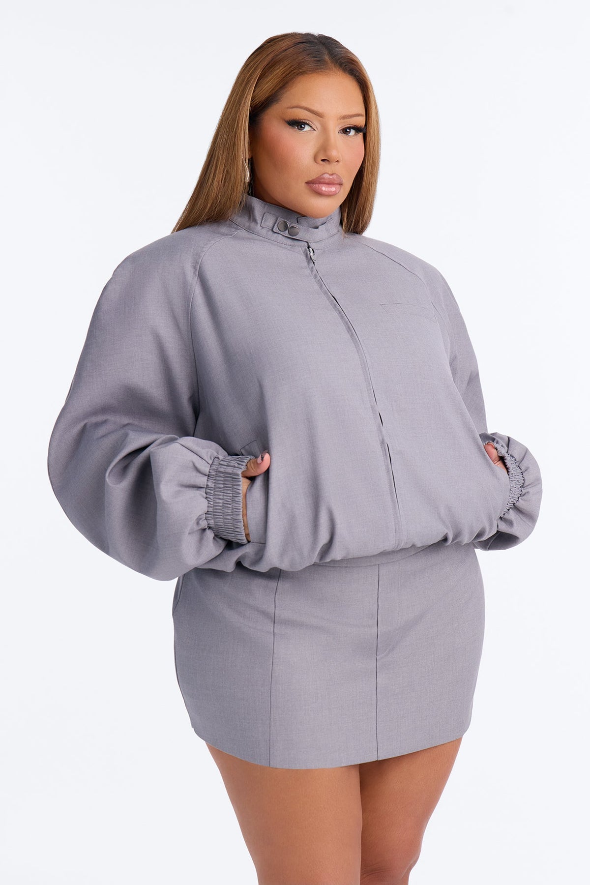 Sunday Stroll Strong Shoulder Bomber Jacket - Charcoal
