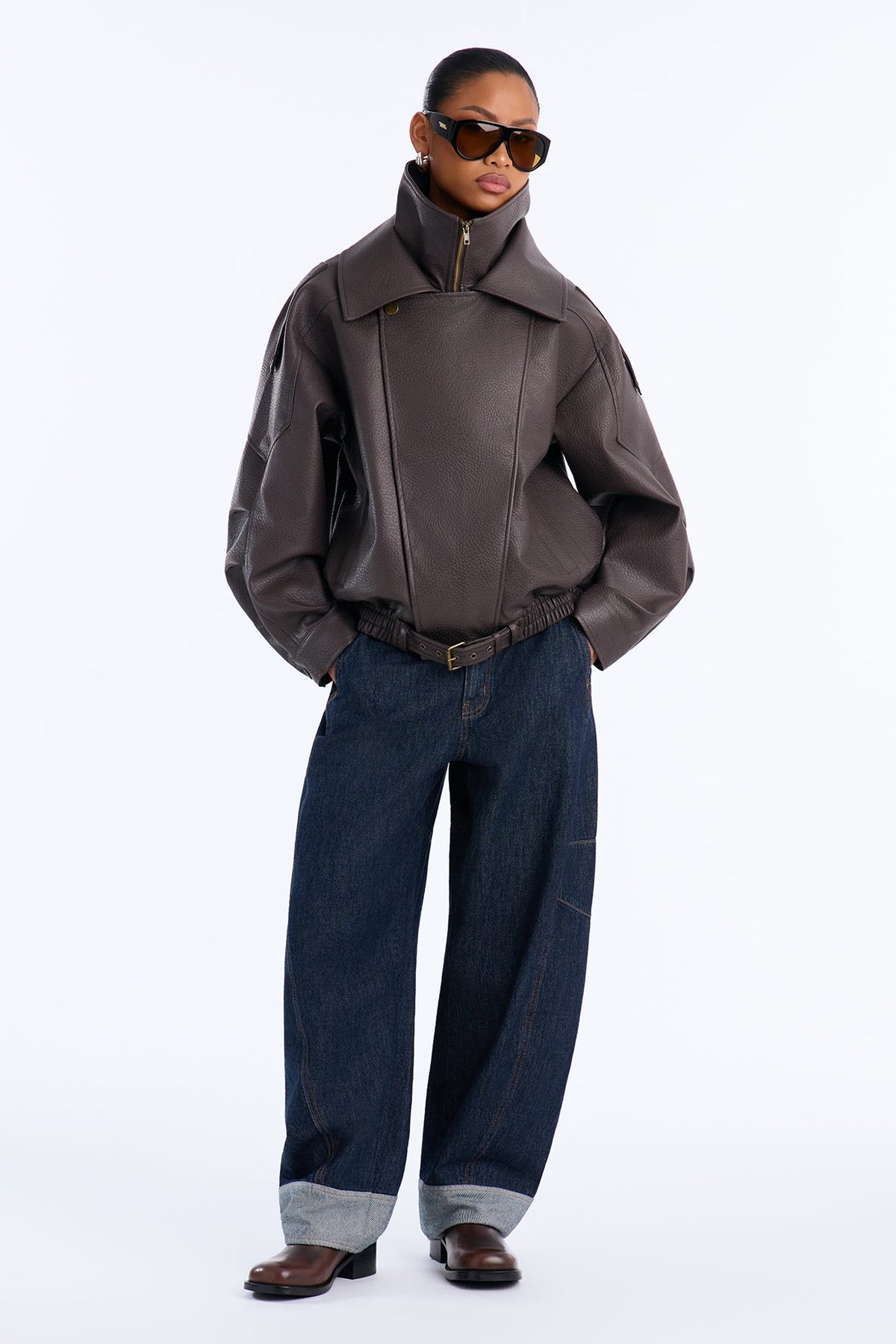 Double Collar Funnel Neck Bomber Jacket - Chocolate
