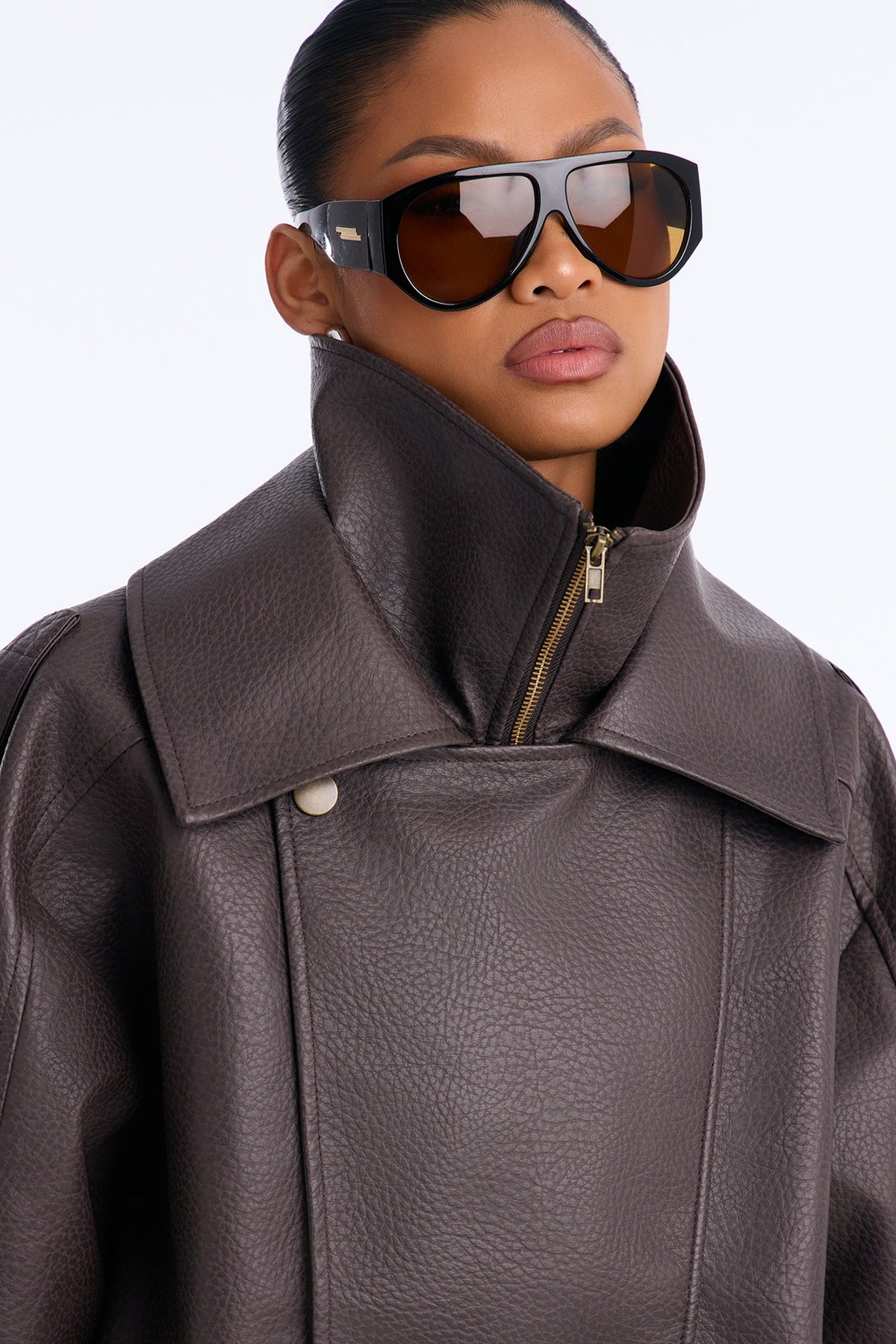 Double Collar Funnel Neck Bomber Jacket - Chocolate