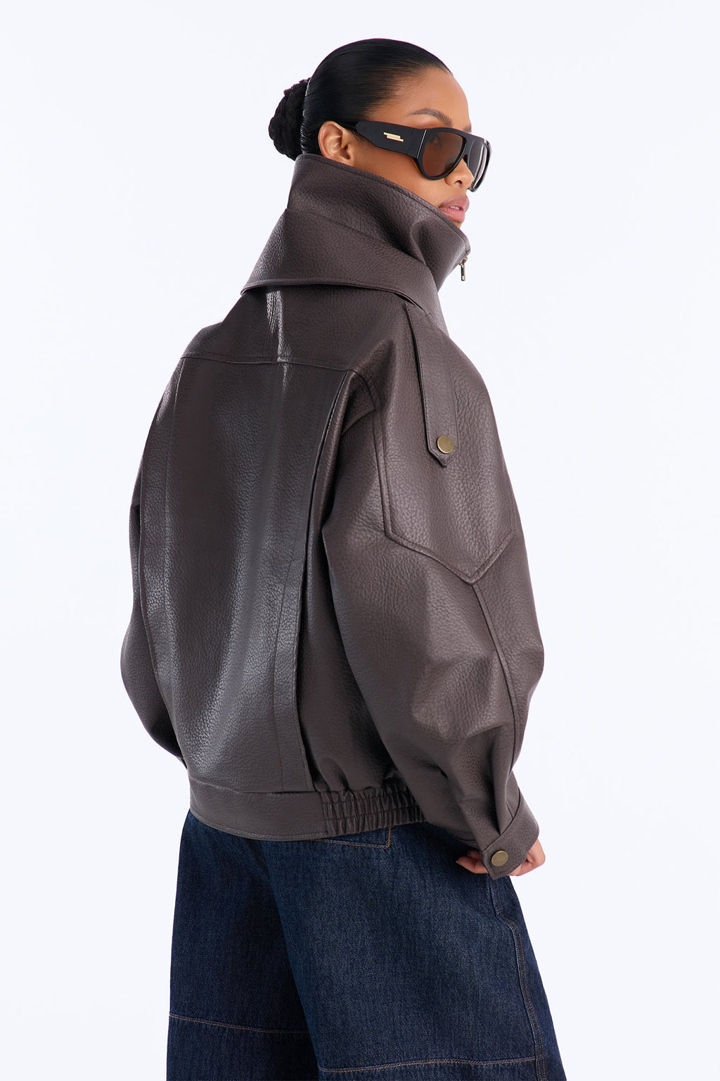 Double Collar Funnel Neck Bomber Jacket - Chocolate