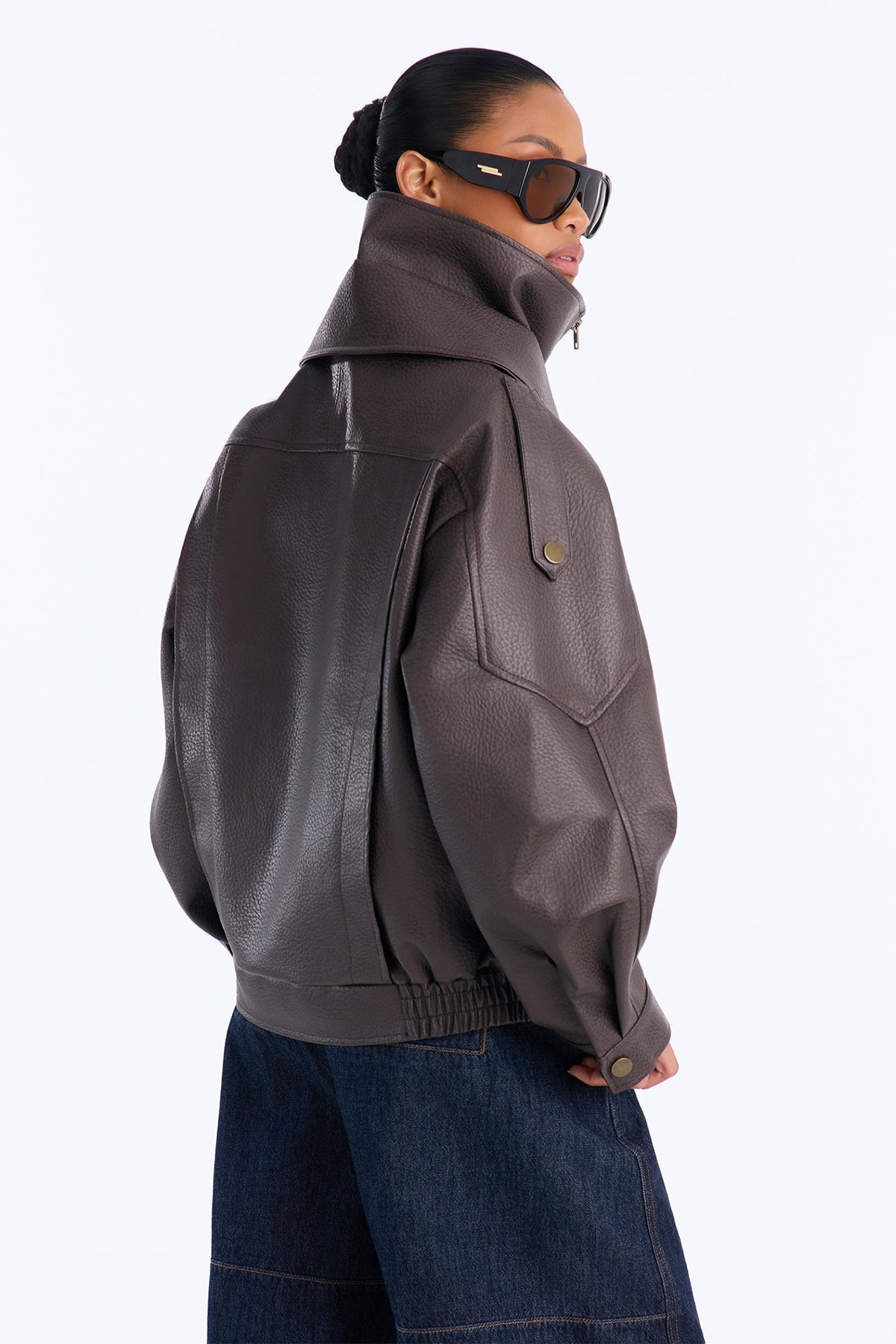 Double Collar Funnel Neck Bomber Jacket - Chocolate