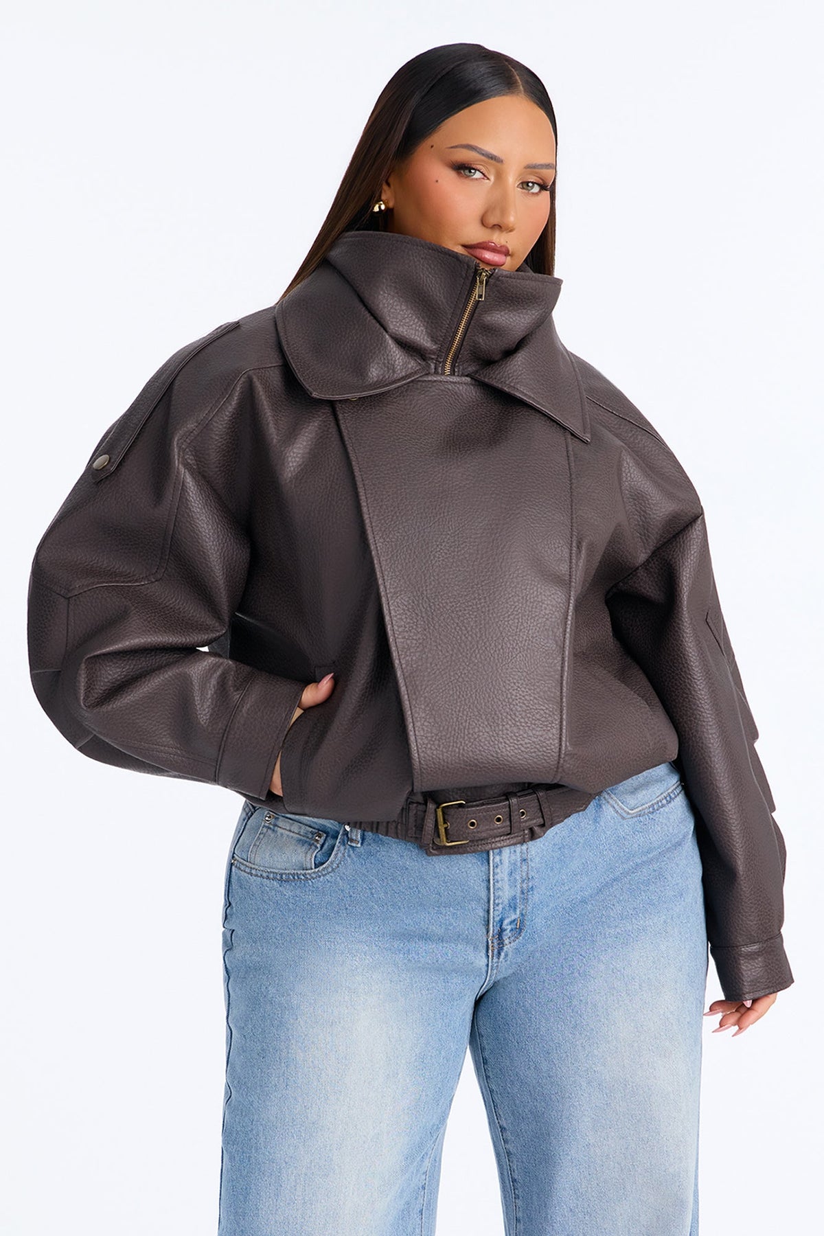 Double Collar Funnel Neck Bomber Jacket - Chocolate