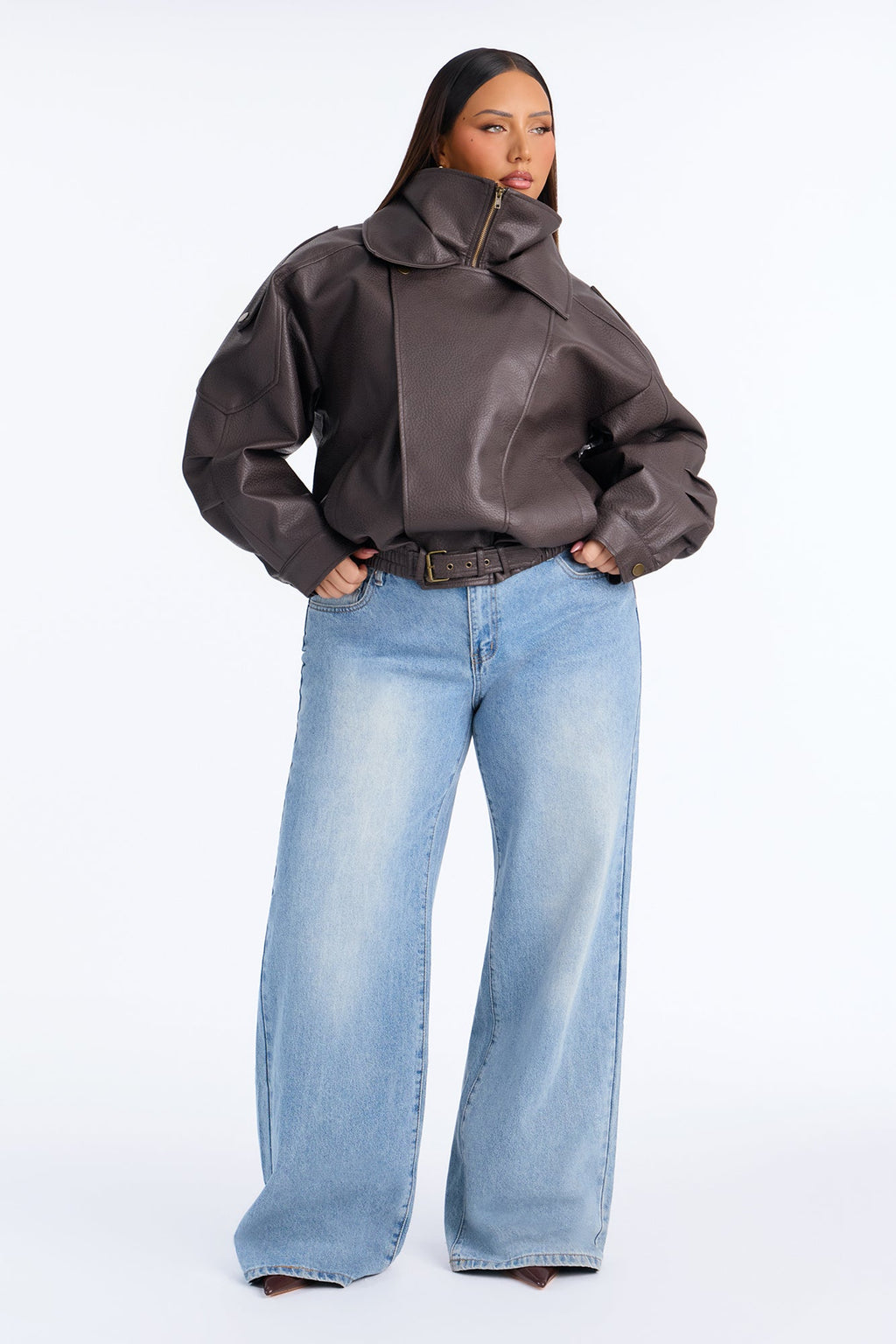 Double Collar Funnel Neck Bomber Jacket - Chocolate