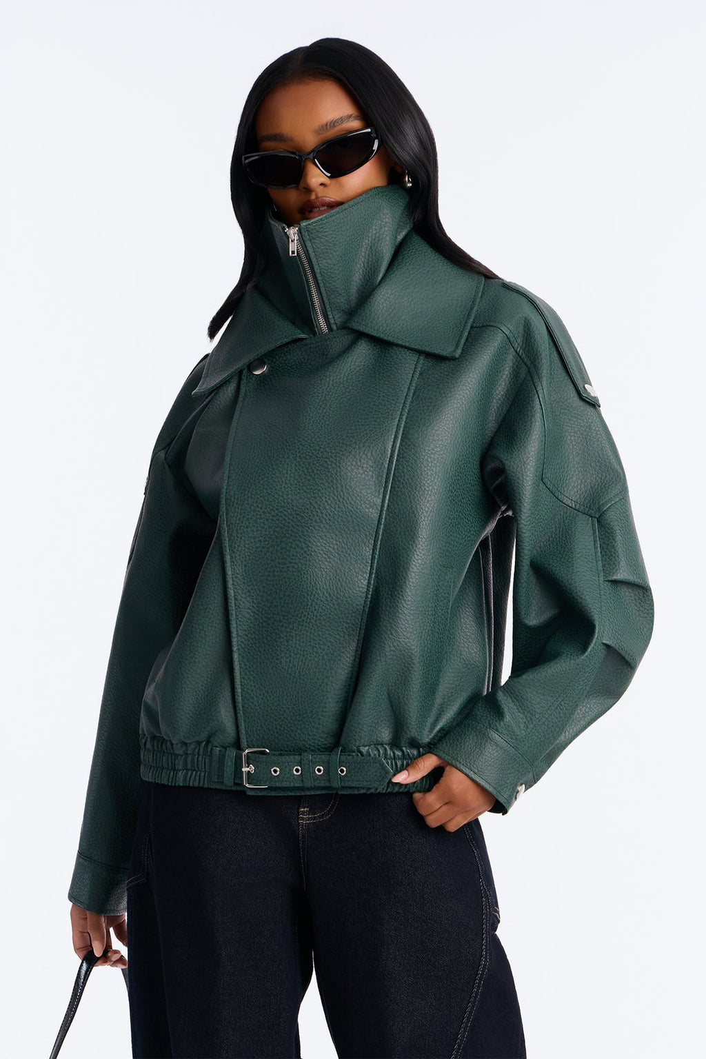 Double Collar Funnel Neck Bomber Jacket - Hunter Green