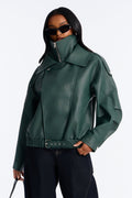 Double Collar Funnel Neck Bomber Jacket - Hunter Green