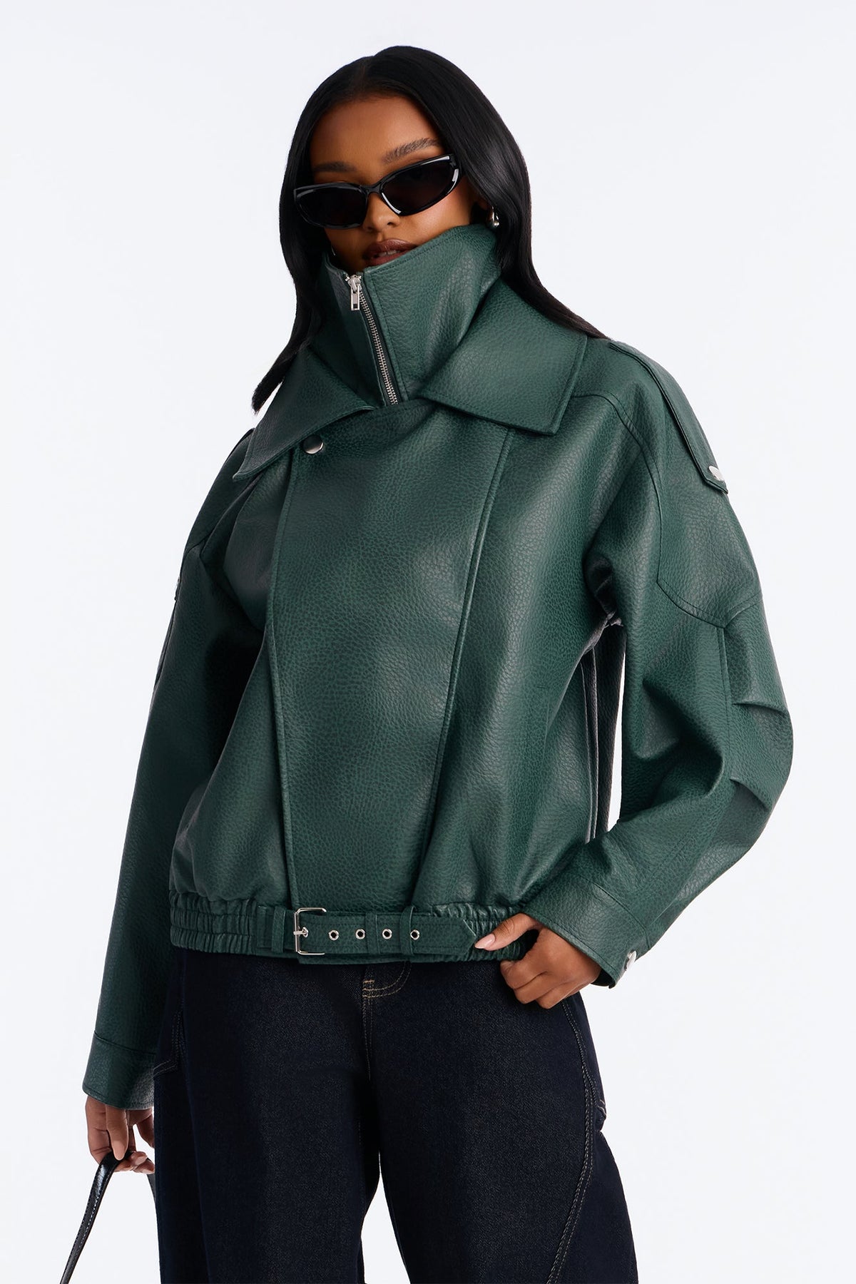 Double Collar Funnel Neck Bomber Jacket - Hunter Green