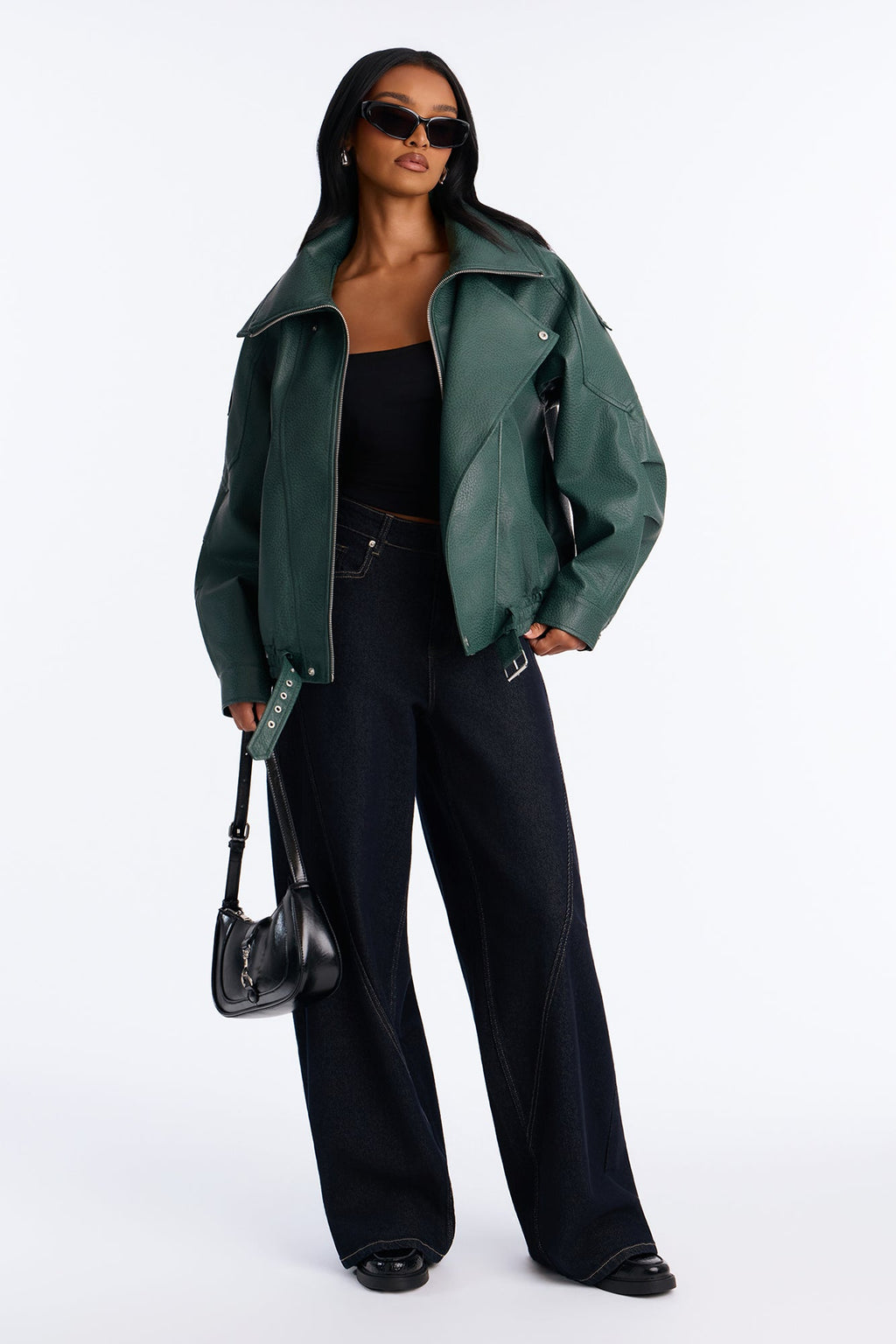 Double Collar Funnel Neck Bomber Jacket - Hunter Green