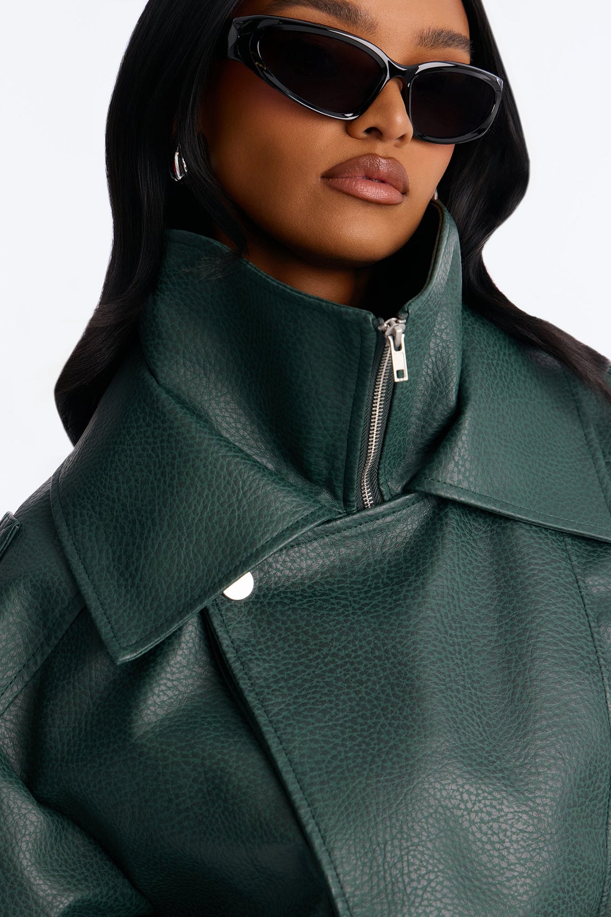 Double Collar Funnel Neck Bomber Jacket - Hunter Green