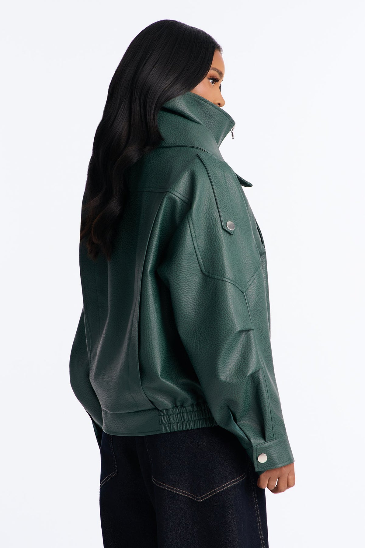 Double Collar Funnel Neck Bomber Jacket - Hunter Green