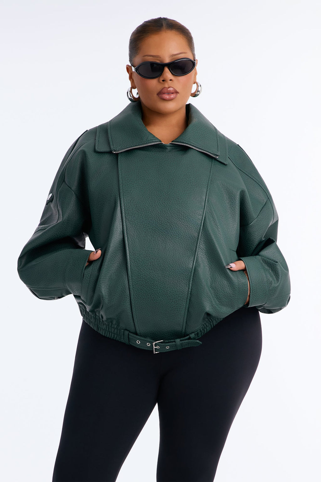 Double Collar Funnel Neck Bomber Jacket - Hunter Green