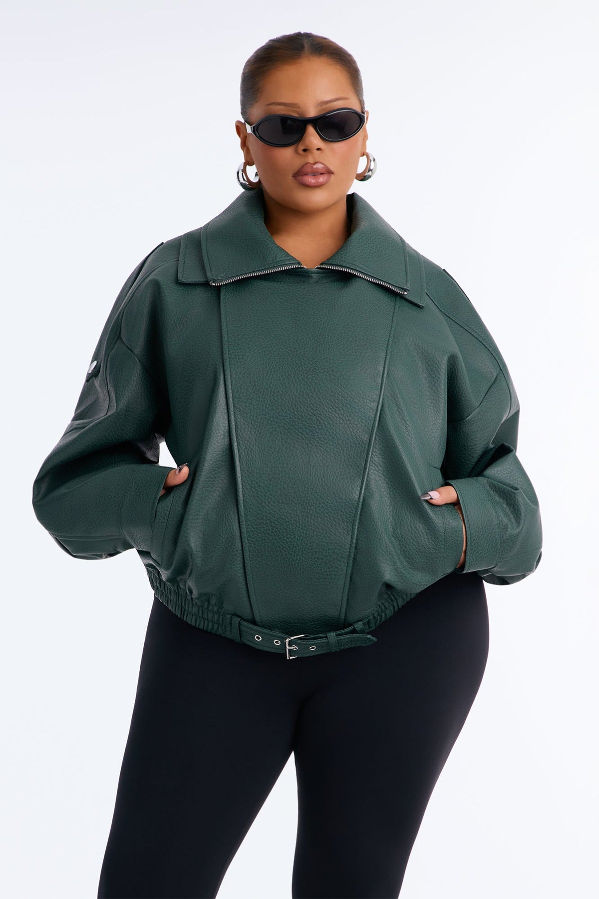 Double Collar Funnel Neck Bomber Jacket - Hunter Green