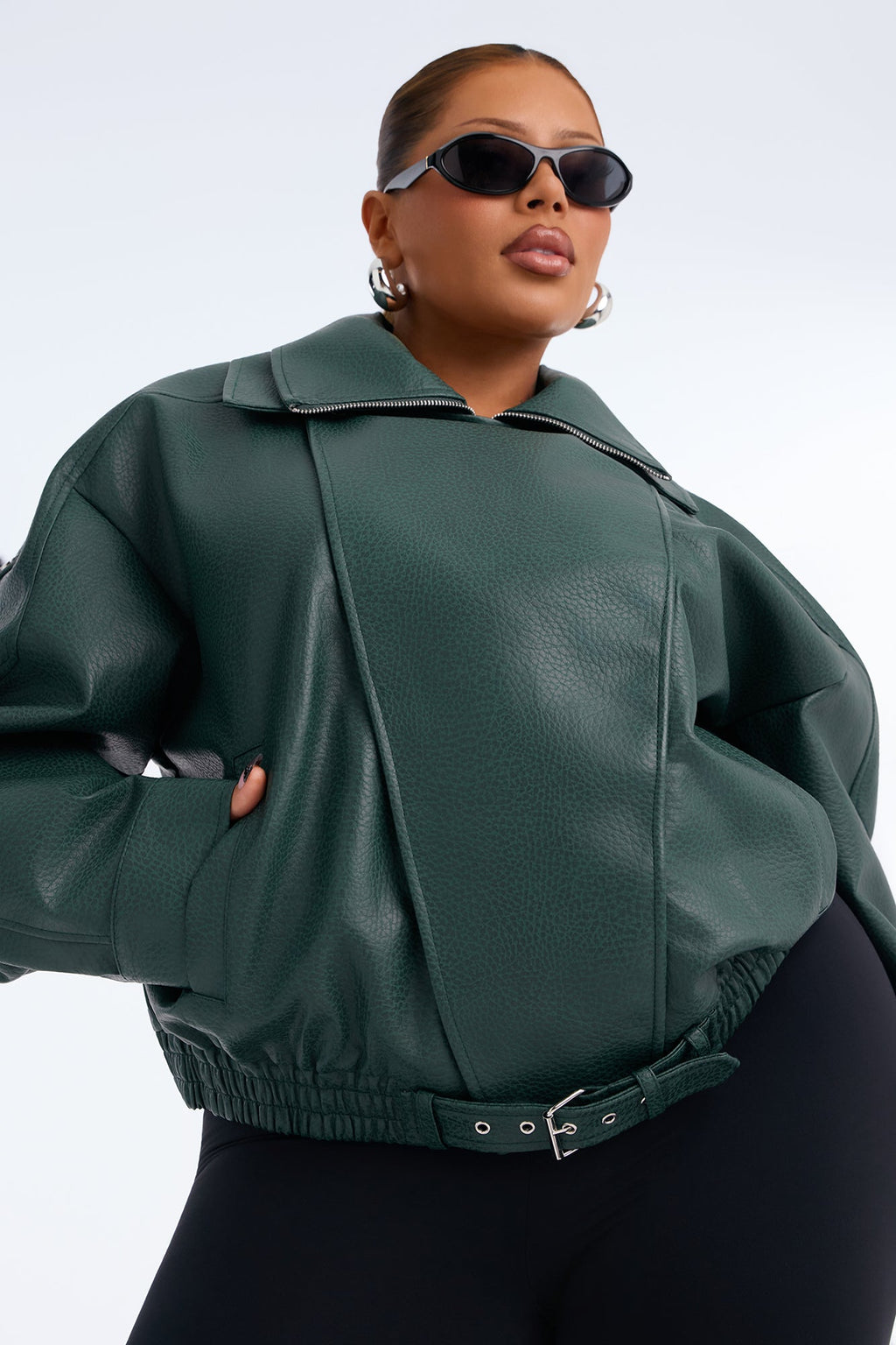 Double Collar Funnel Neck Bomber Jacket - Hunter Green