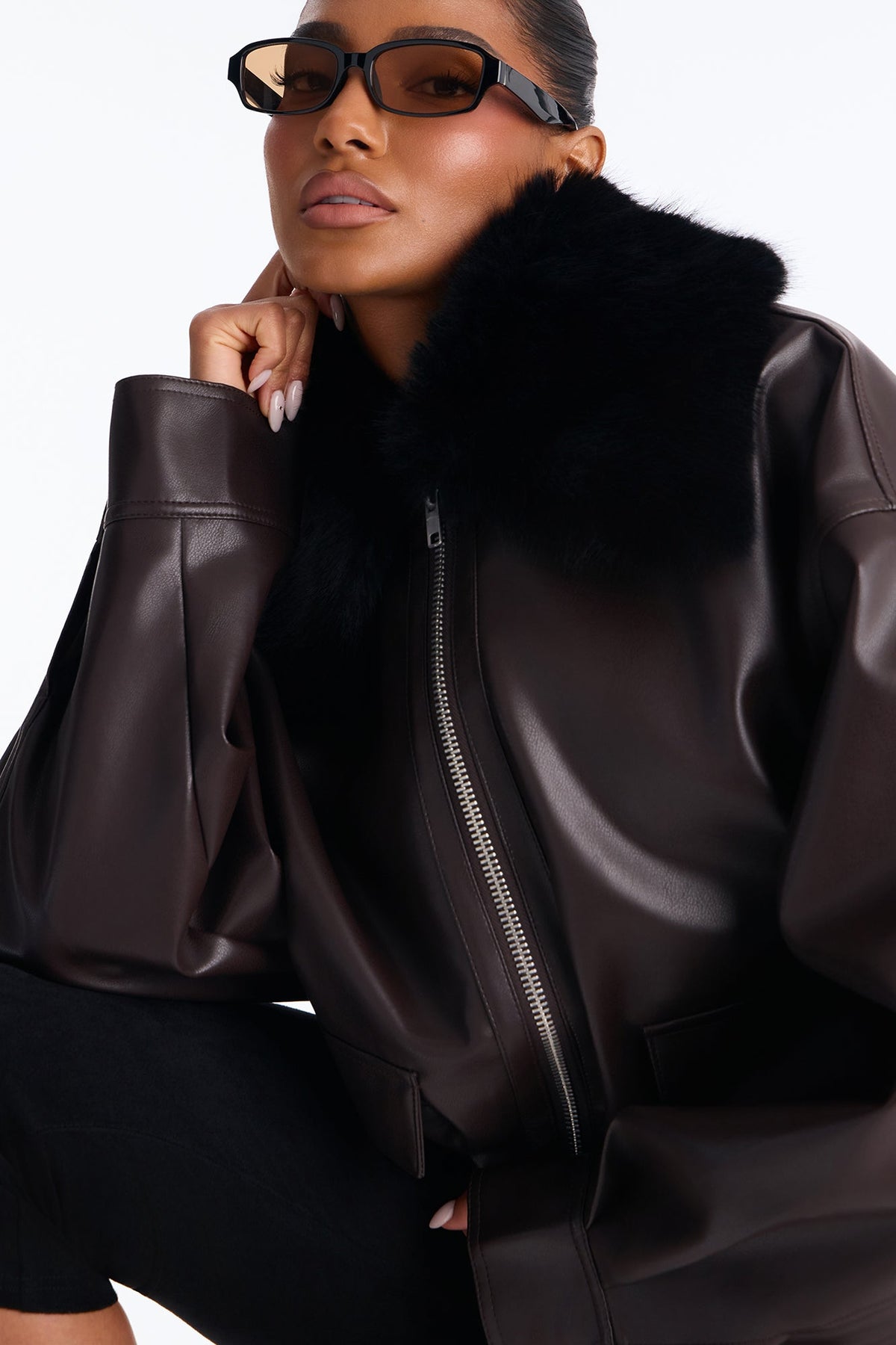 She's The Boss Fur Trim Bomber - Brown