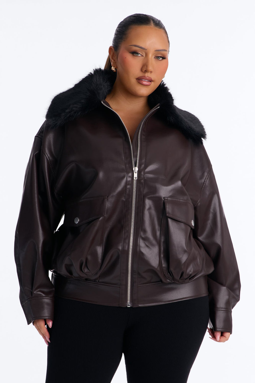 She's The Boss Fur Trim Bomber - Brown