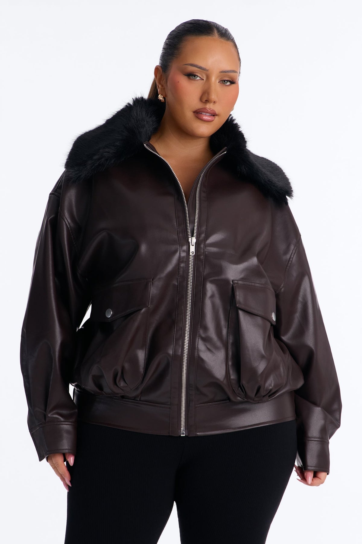 She's The Boss Fur Trim Bomber - Brown
