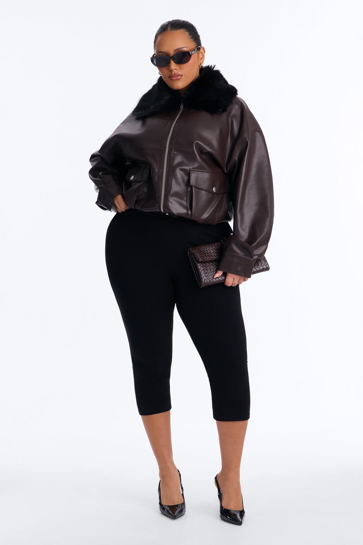 She's The Boss Fur Trim Bomber - Brown