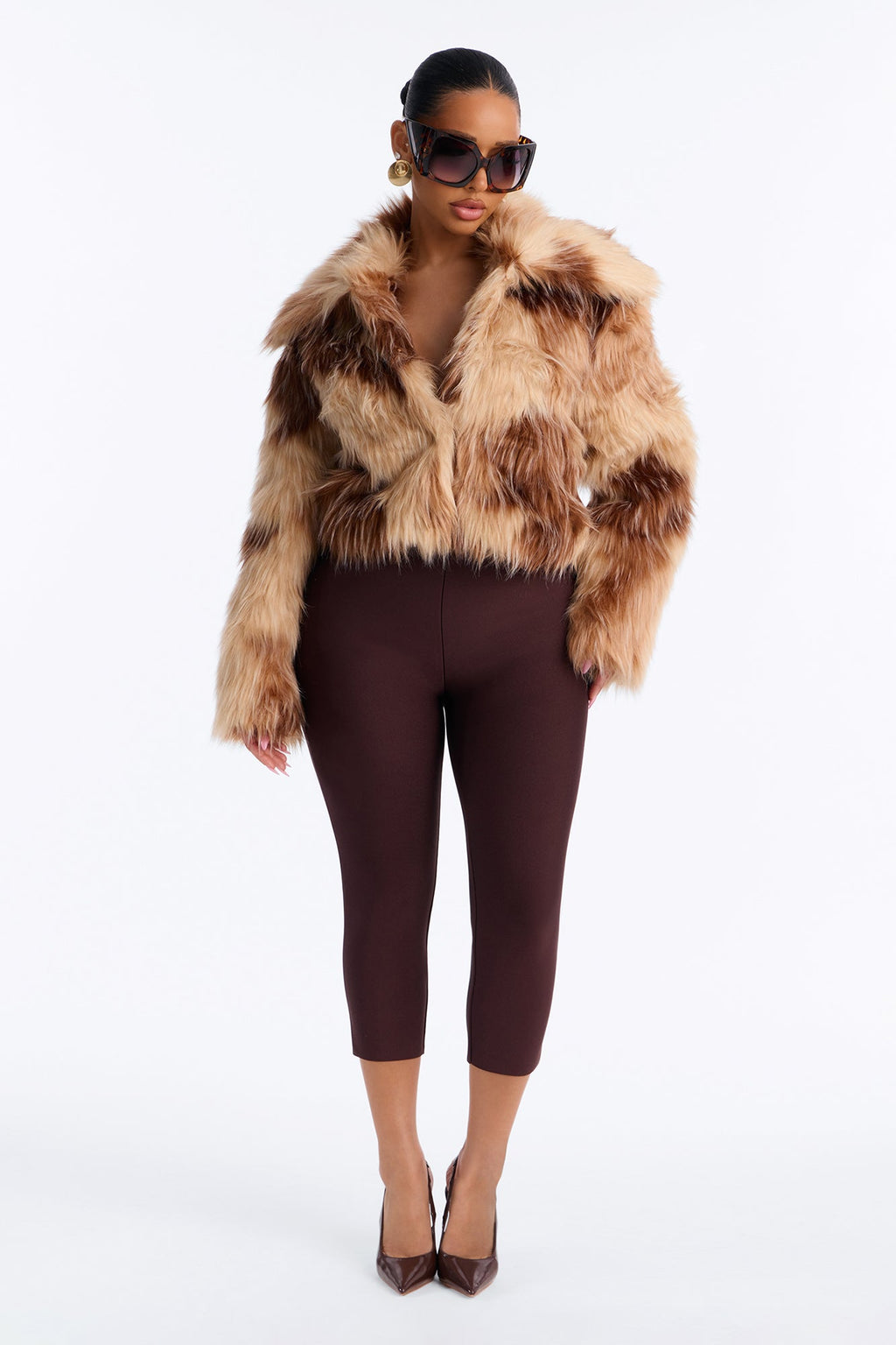 Yves Faux Fur Bungee Waist Collared Jacket - Brown Combo