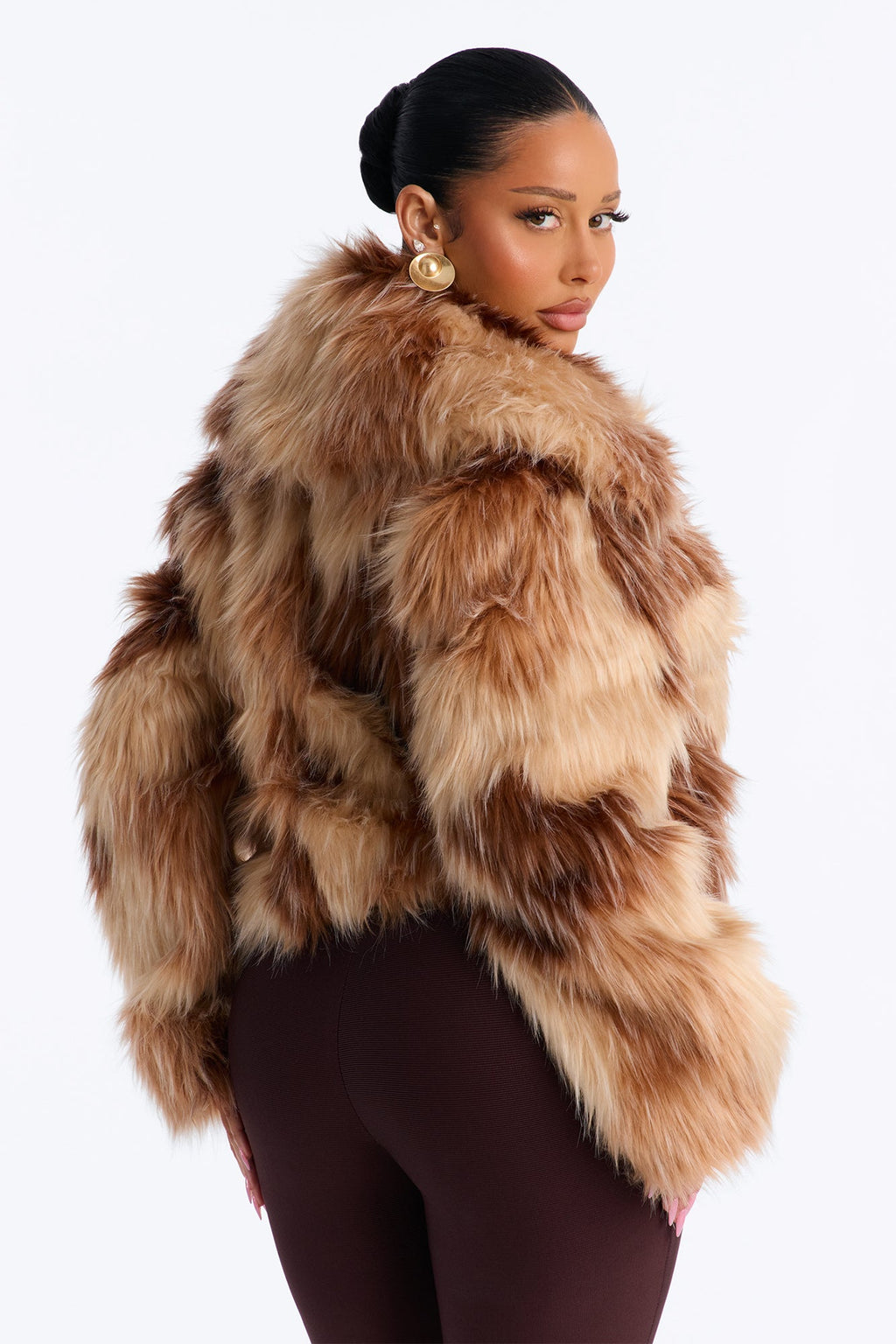 Yves Faux Fur Bungee Waist Collared Jacket - Brown Combo
