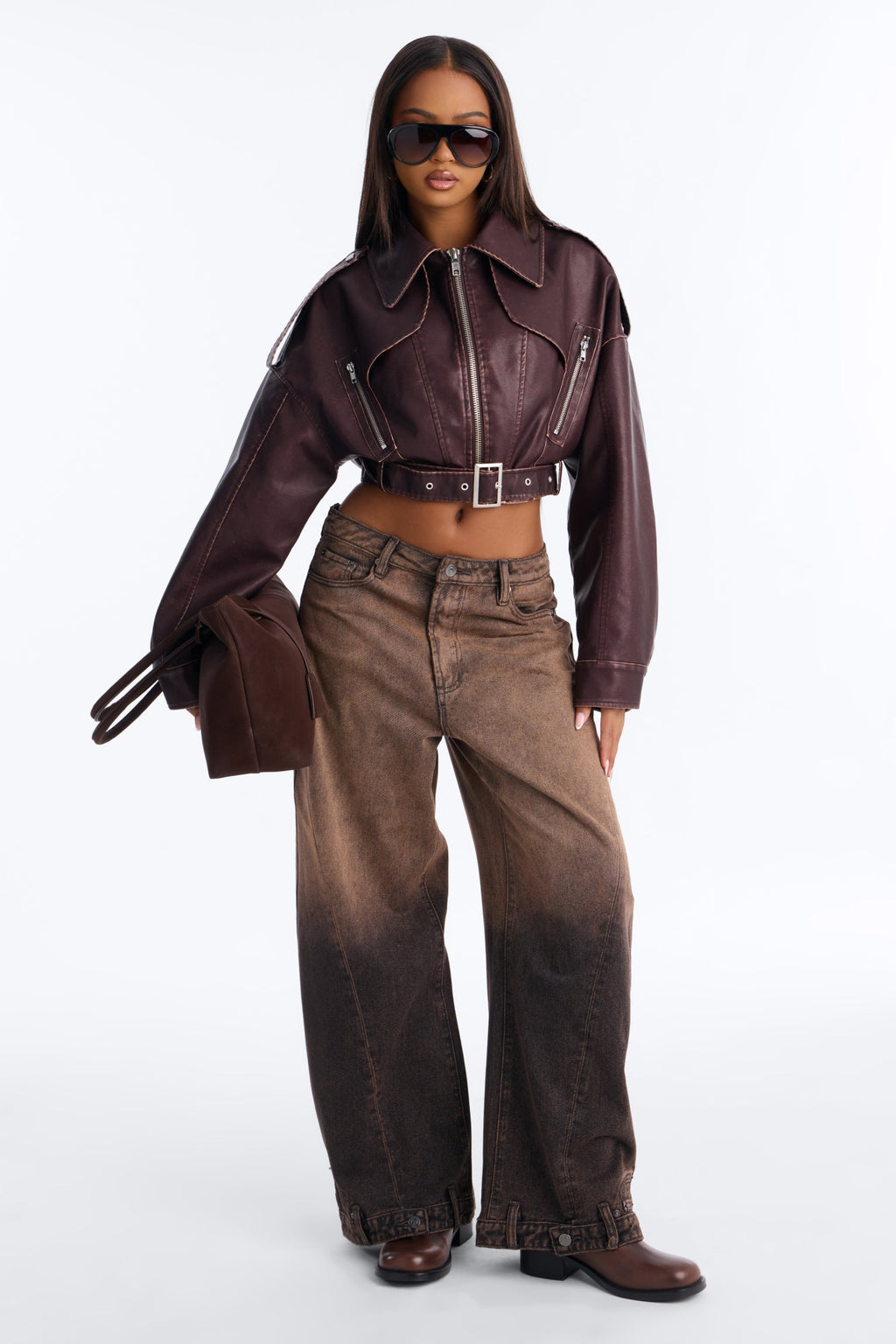 Megan Washed Faux Leather Belted Moto Jacket - Chestnut