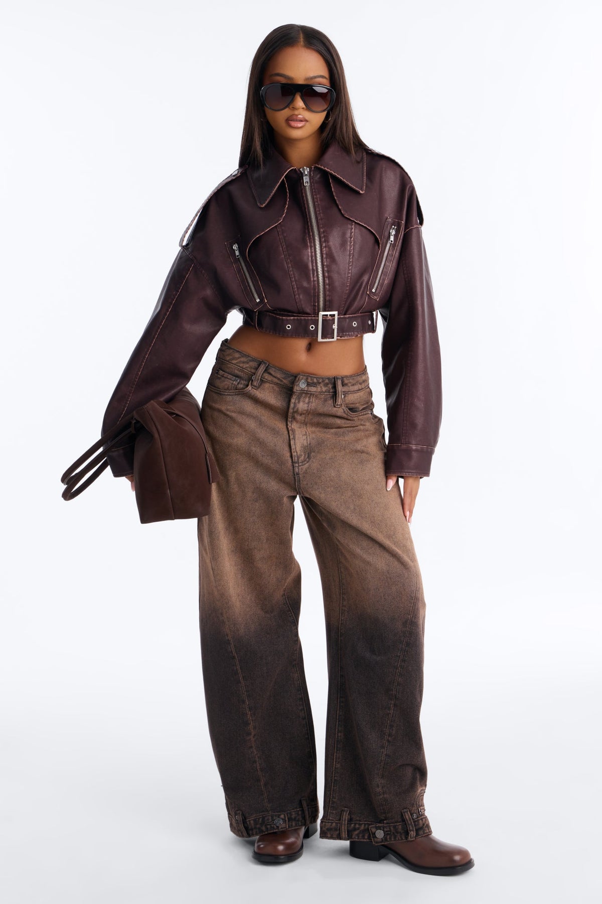 Megan Washed Faux Leather Belted Moto Jacket - Chestnut