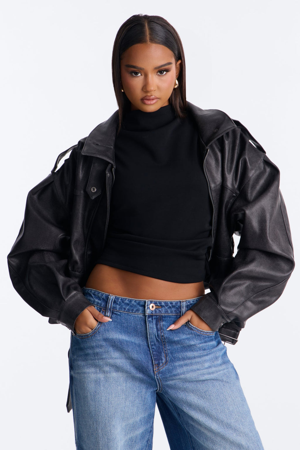 The Everywhere Faux Leather Funnel Neck Moto Jacket - Black
