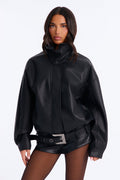 Jacine Faux Leather Drop Waist Belted Bomber Jacket - Black