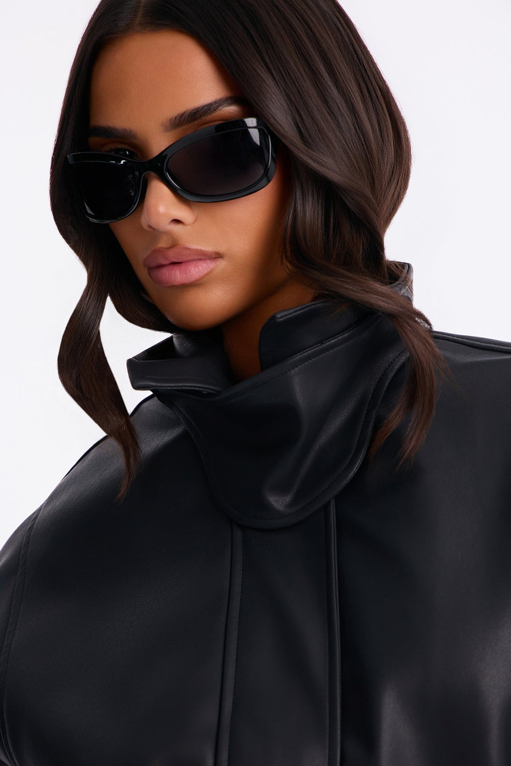 Jacine Faux Leather Drop Waist Belted Bomber Jacket - Black