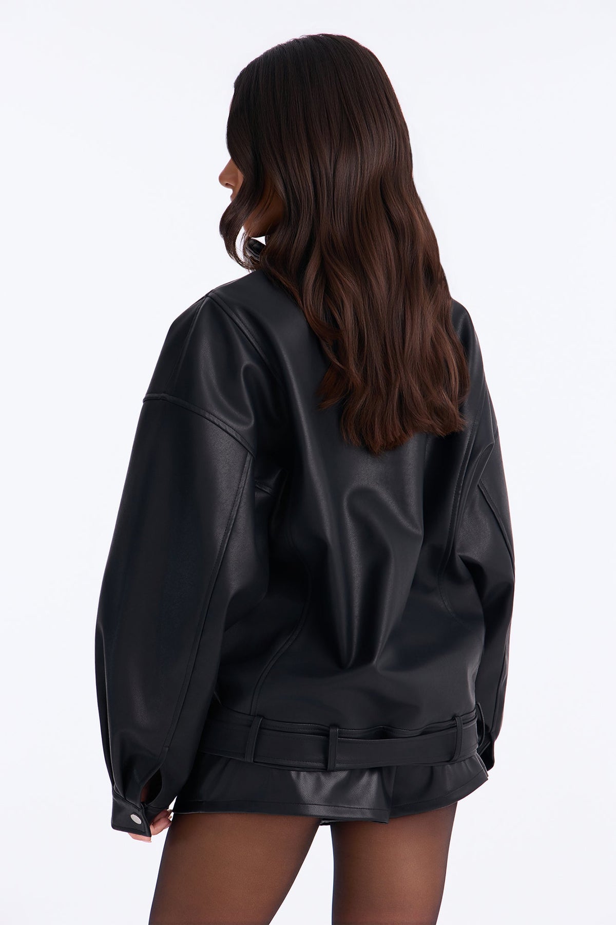 Jacine Faux Leather Drop Waist Belted Bomber Jacket - Black