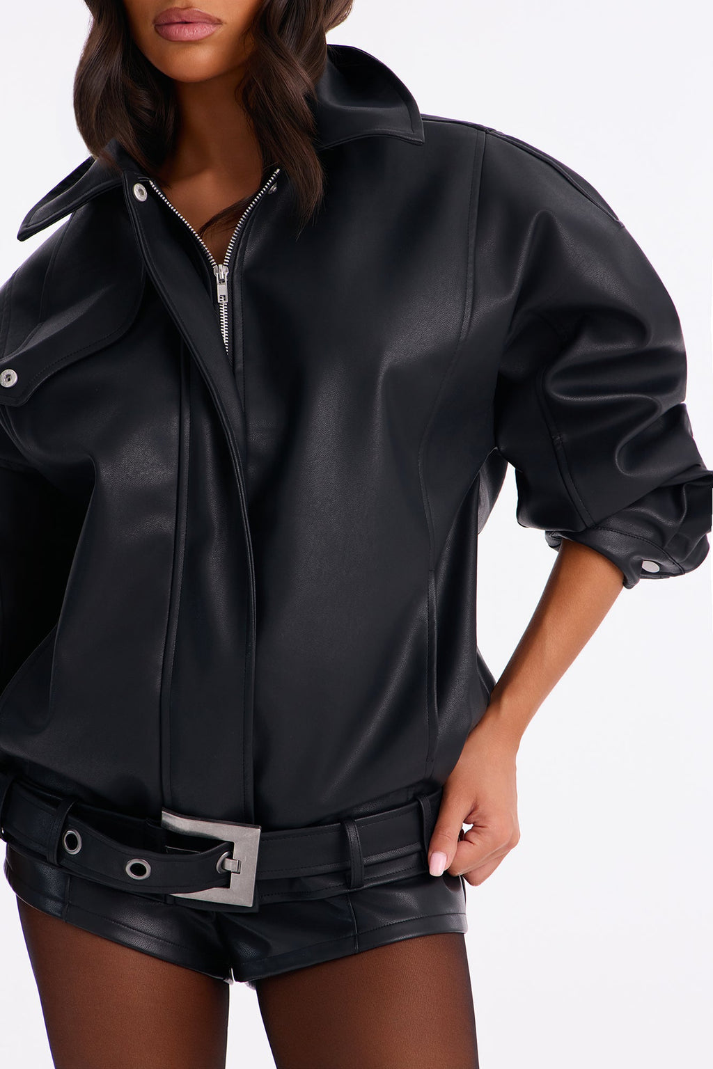 Jacine Faux Leather Drop Waist Belted Bomber Jacket - Black