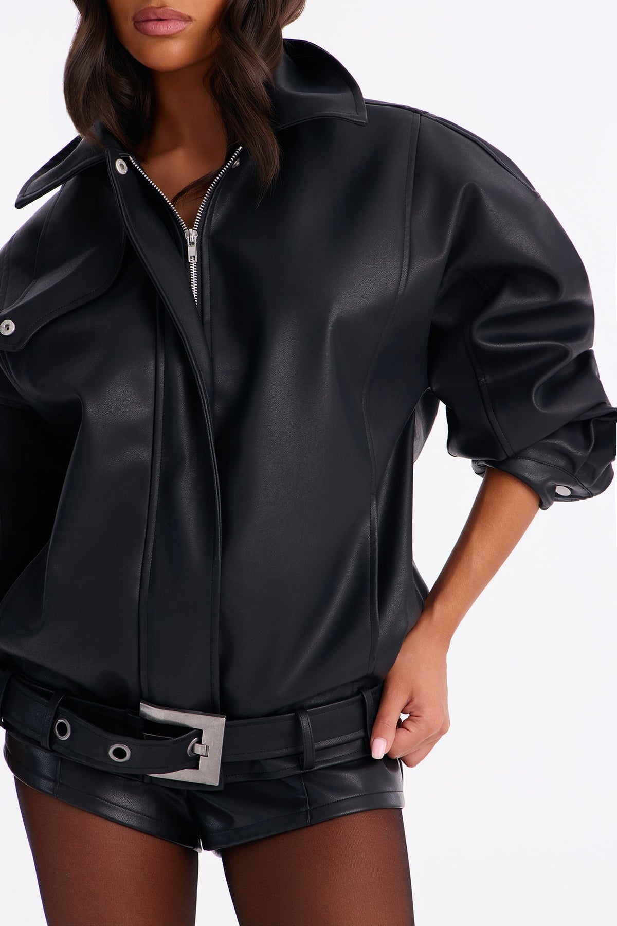 Jacine Faux Leather Drop Waist Belted Bomber Jacket - Black