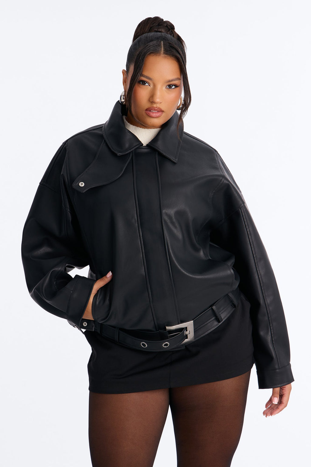 Jacine Faux Leather Drop Waist Belted Bomber Jacket - Black