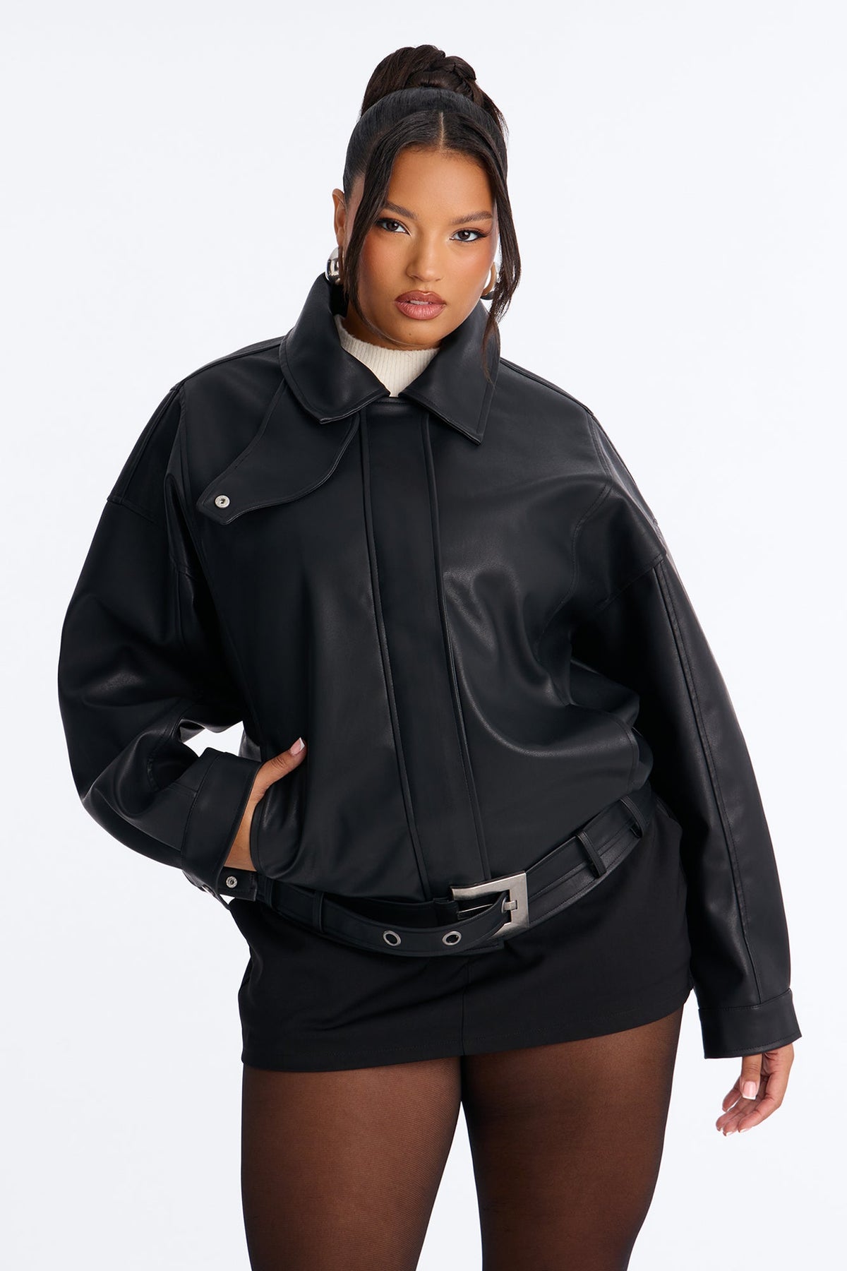 Jacine Faux Leather Drop Waist Belted Bomber Jacket - Black